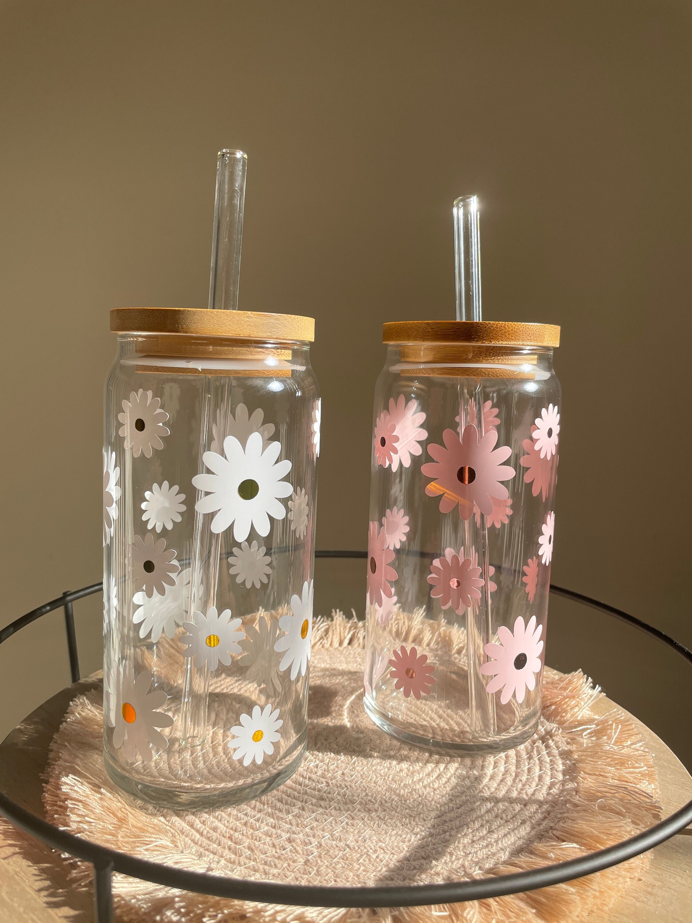 Daisy flower glass cup, iced coffee cup, aesthetic glass cup, beer can cup, happy faces