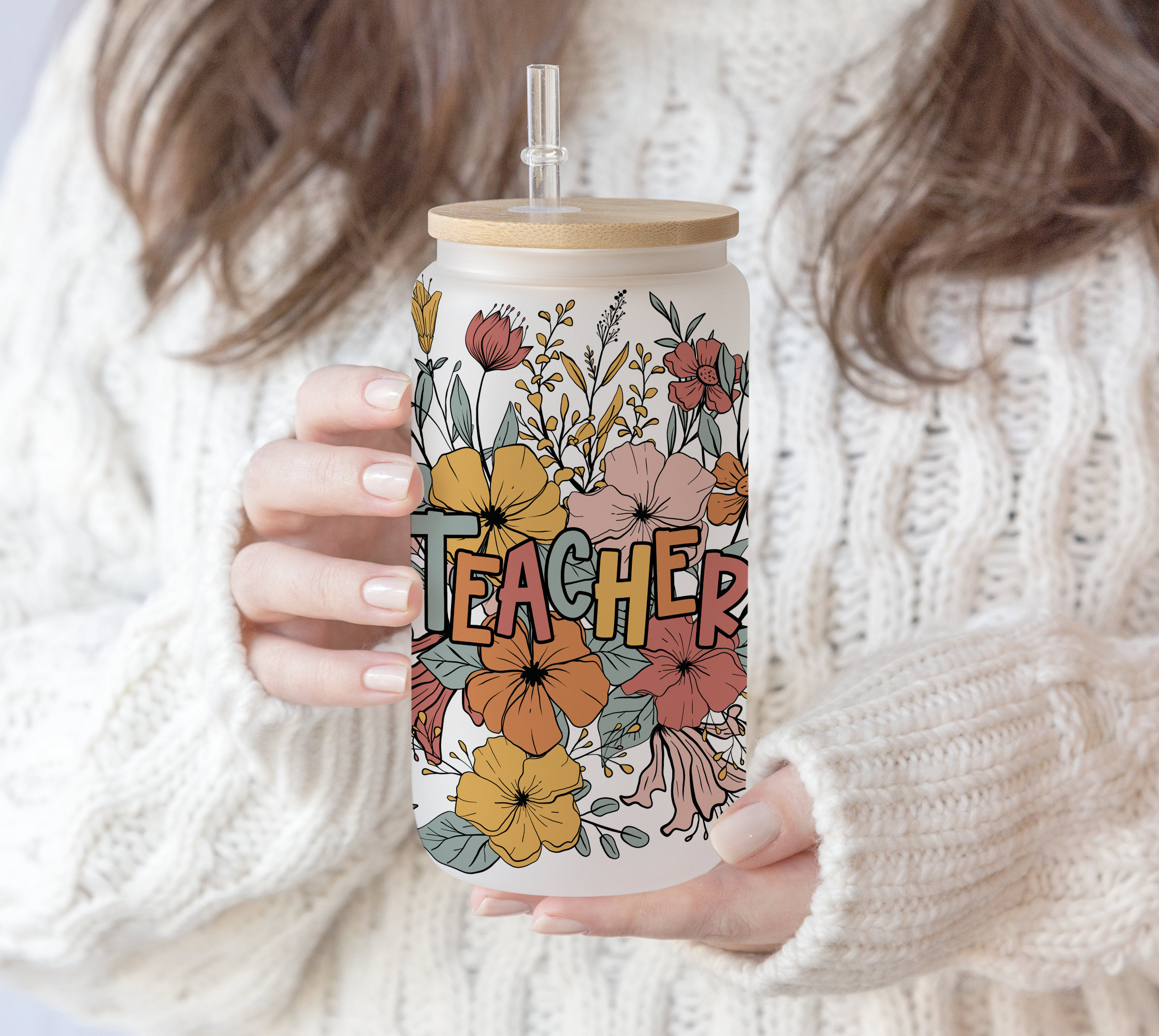 16 oz Libbey Glass Can Tumbler Sublimation Retro Teacher Flower gifts for Teacher | Vintage Boho Floral Gift for mom | Mother’s day PNG file