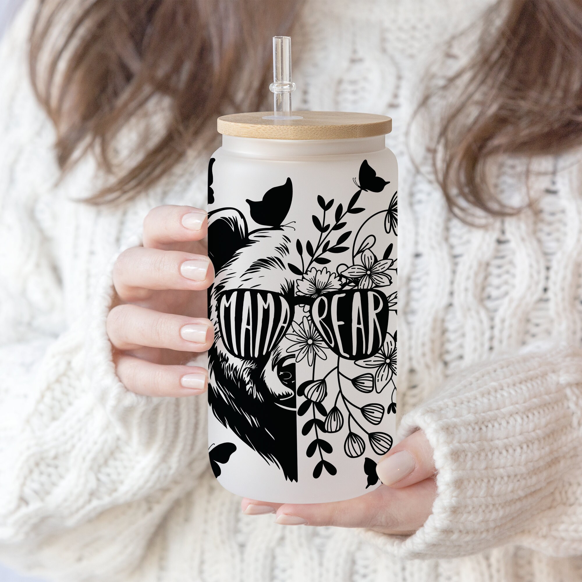 16 oz Libbey Glass Can Tumbler Mama Bear Half Bear Flowers | Wildflower cut file SVG | Gift for Mom|40oz SVG Cricut Silhouette Template