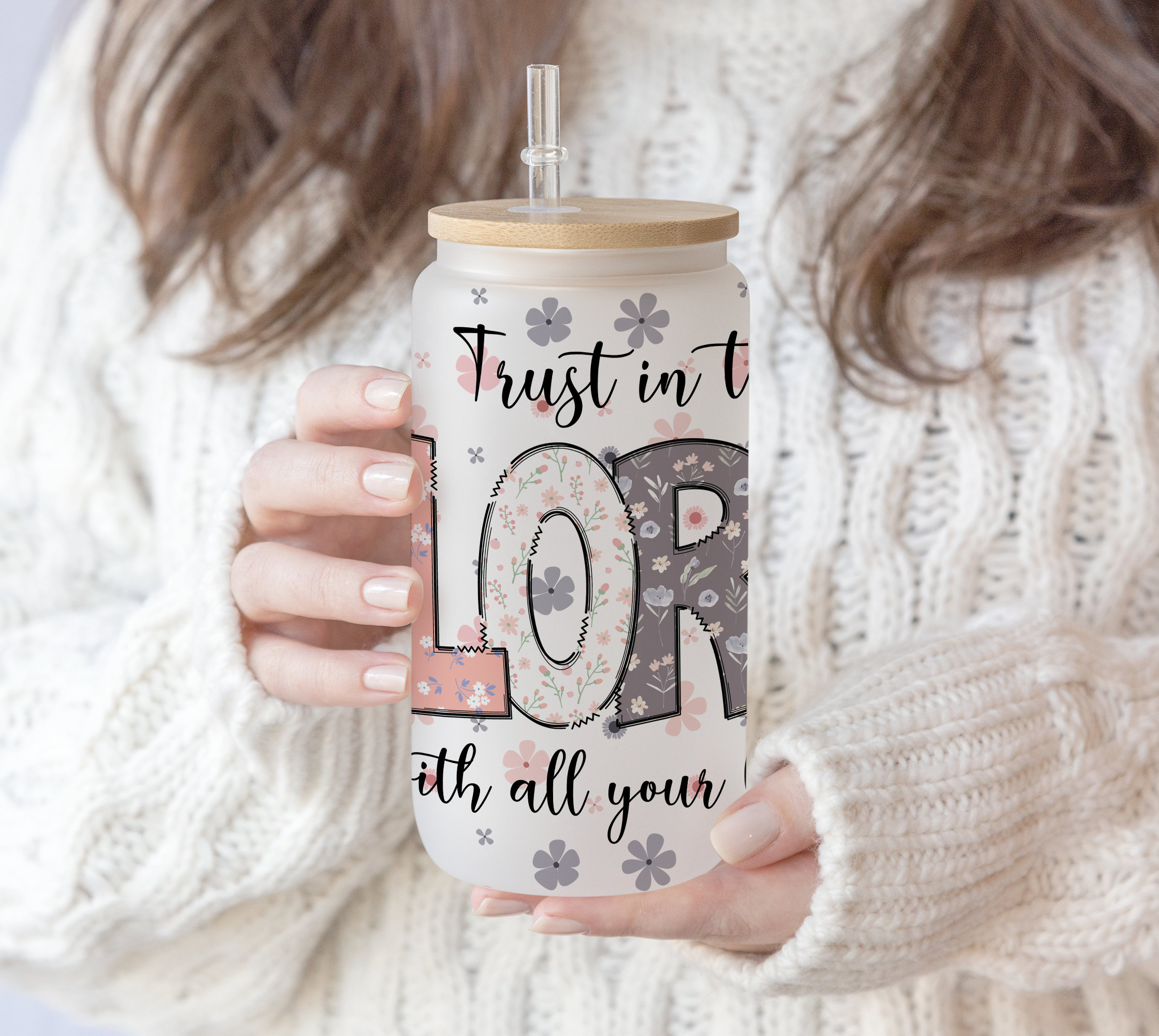 16 oz Libbey Glass Sublimation Trust in the lord | Flower Faith Christmas | Watercolor Religious Jesus Christian Gift | Bible Quote PNG file