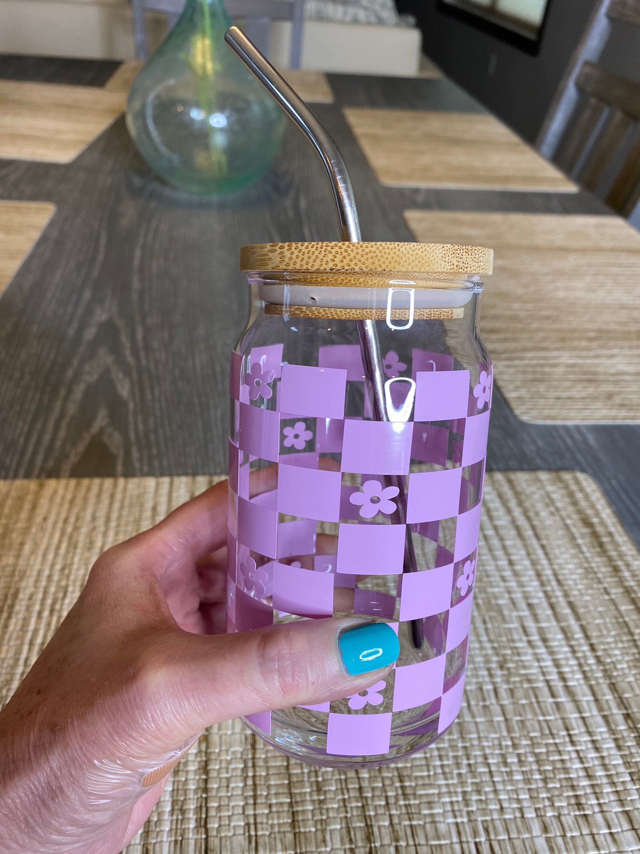 Lavender Checkered Flower Soda Can Glass