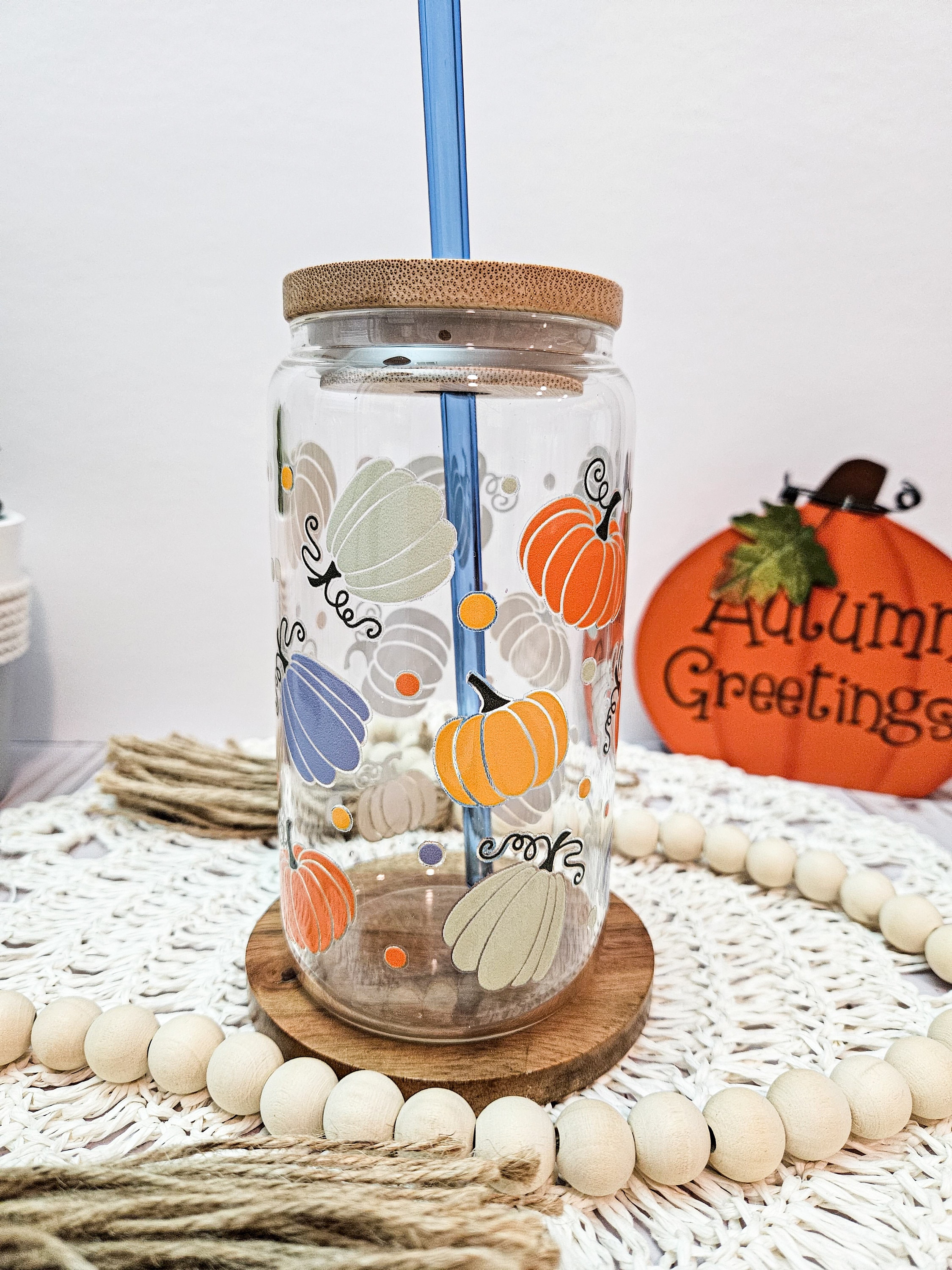 Fall Pumpkin Glass Can, Fall Boho Cup, Blue Pumpkin Tumbler, Pumpkin Season, Autumn Glass, Aesthetic Iced Coffee Cup, Fall Gifts under 30