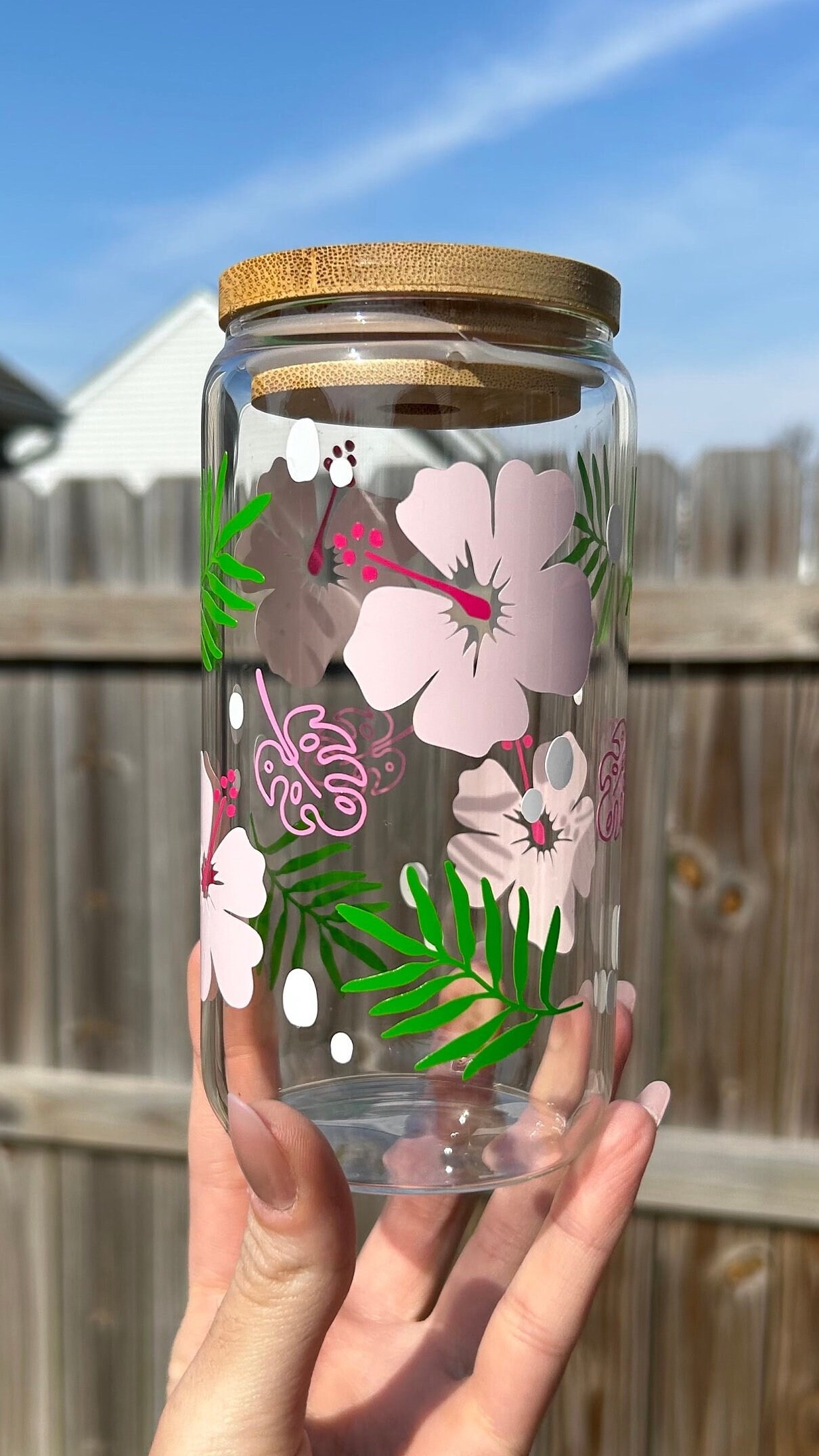 Plant Glass | Tropical Plant Glass | Iced Coffee Cup | Monstera Glass Cup | Iced Coffee Can Glass | Pink Flower Glass