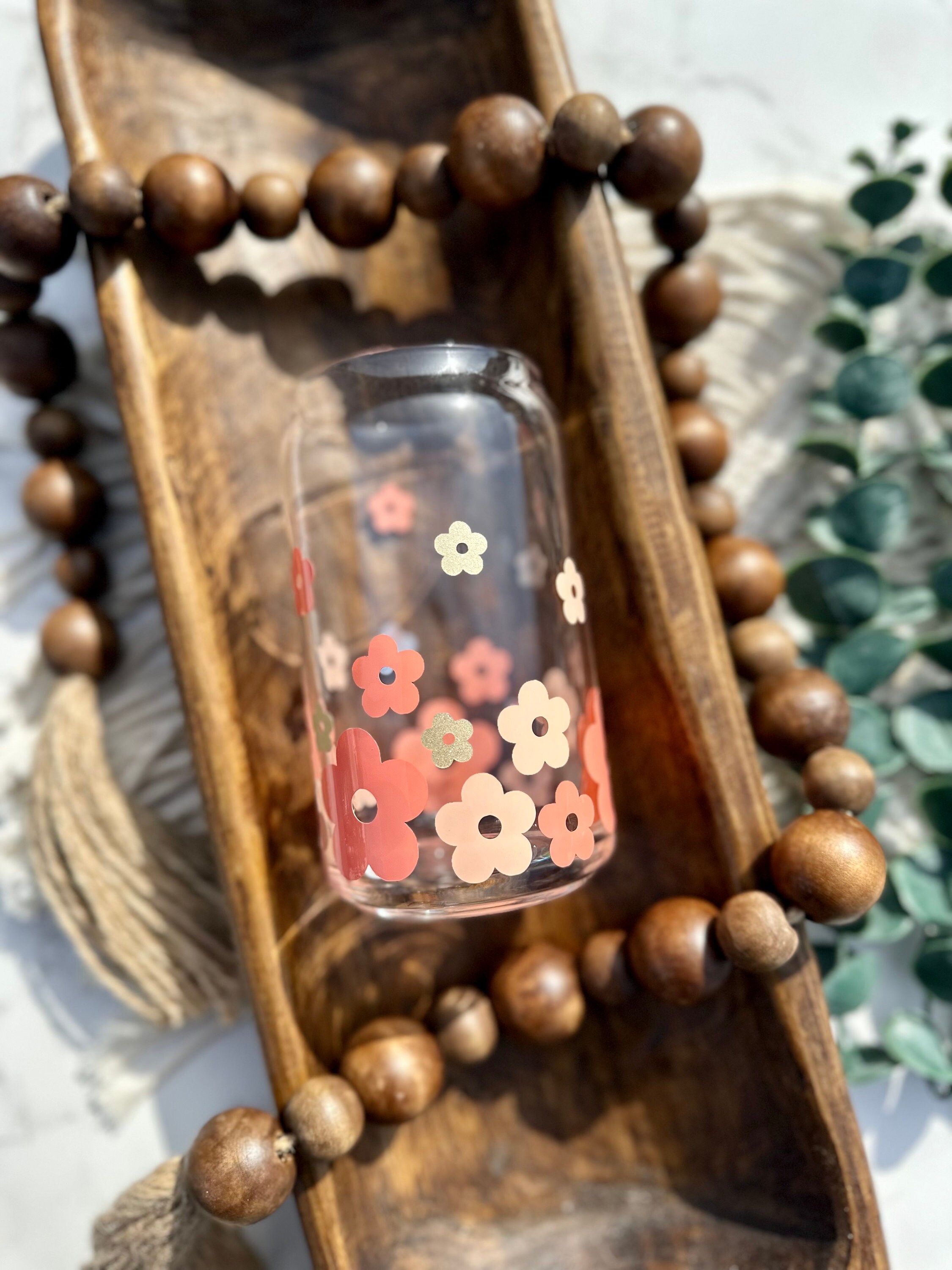 Retro Floating Flower Beer can glass, floral beer can glass, Beer glass, libbey glass, coffee glass, engraved bamboo lid, iced coffee glass