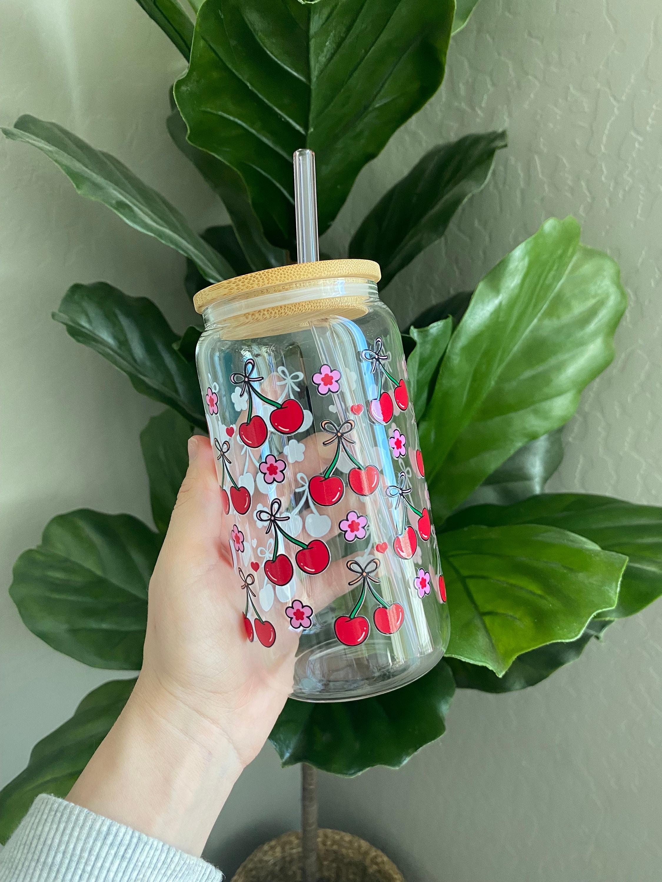 Cherry coquette glass can cup | cherry cup | fruit themed cup | cute girly gifts | pink cherry gifts | cute cherry cup | smoothie cup |