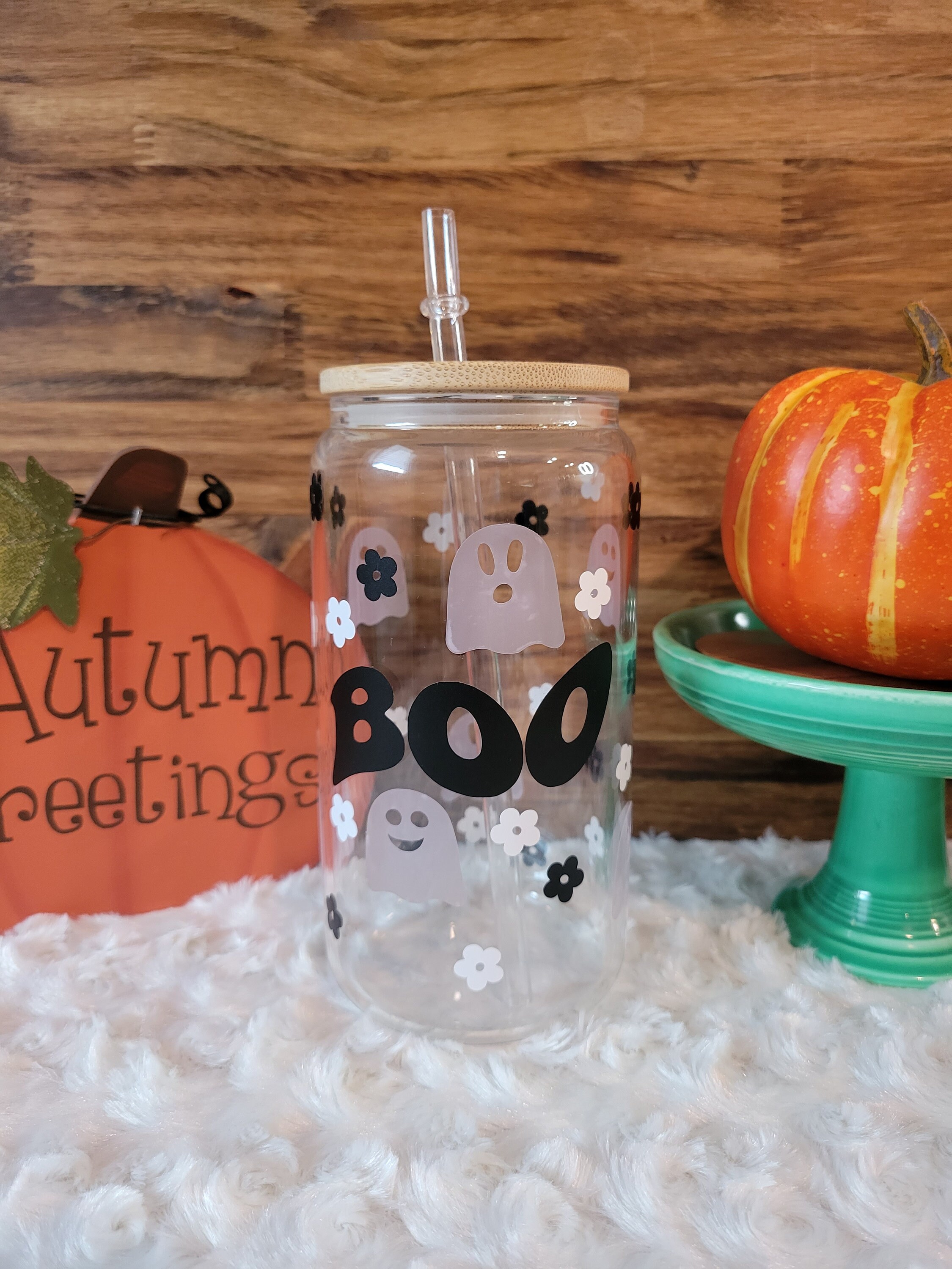 Color Changing Ghost Glass Can, Retro ICED COFFEE GLASS Cup, Bamboo Tumbler with Lid, Aesthetic Groovy Boo Halloween Beer Can Glass Cup