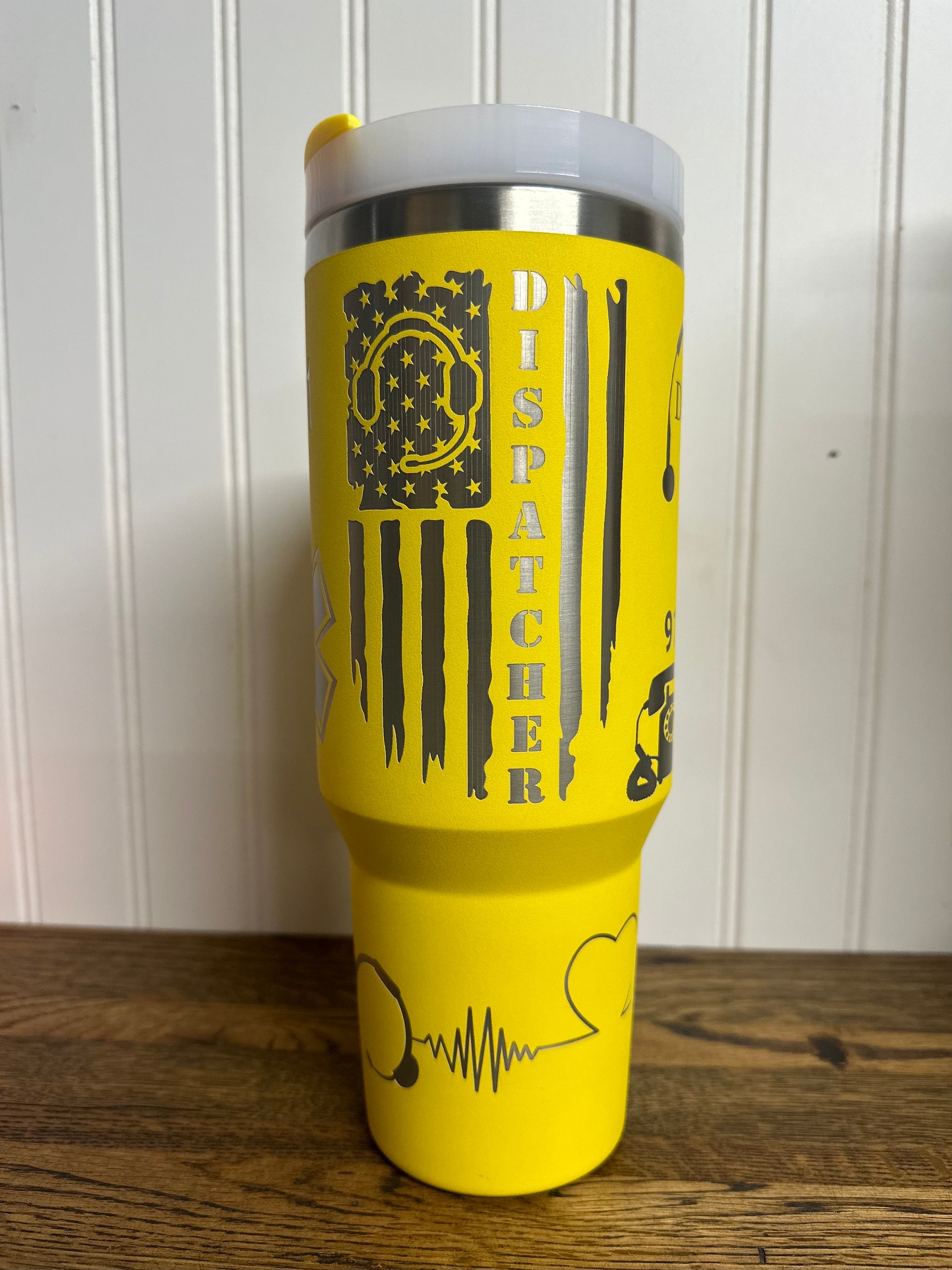 Dispatcher | 911 Dispatch | Yellow Line 40 oz Stainless Steel Insulated Tumbler with Handle, Laser Engraved tumbler