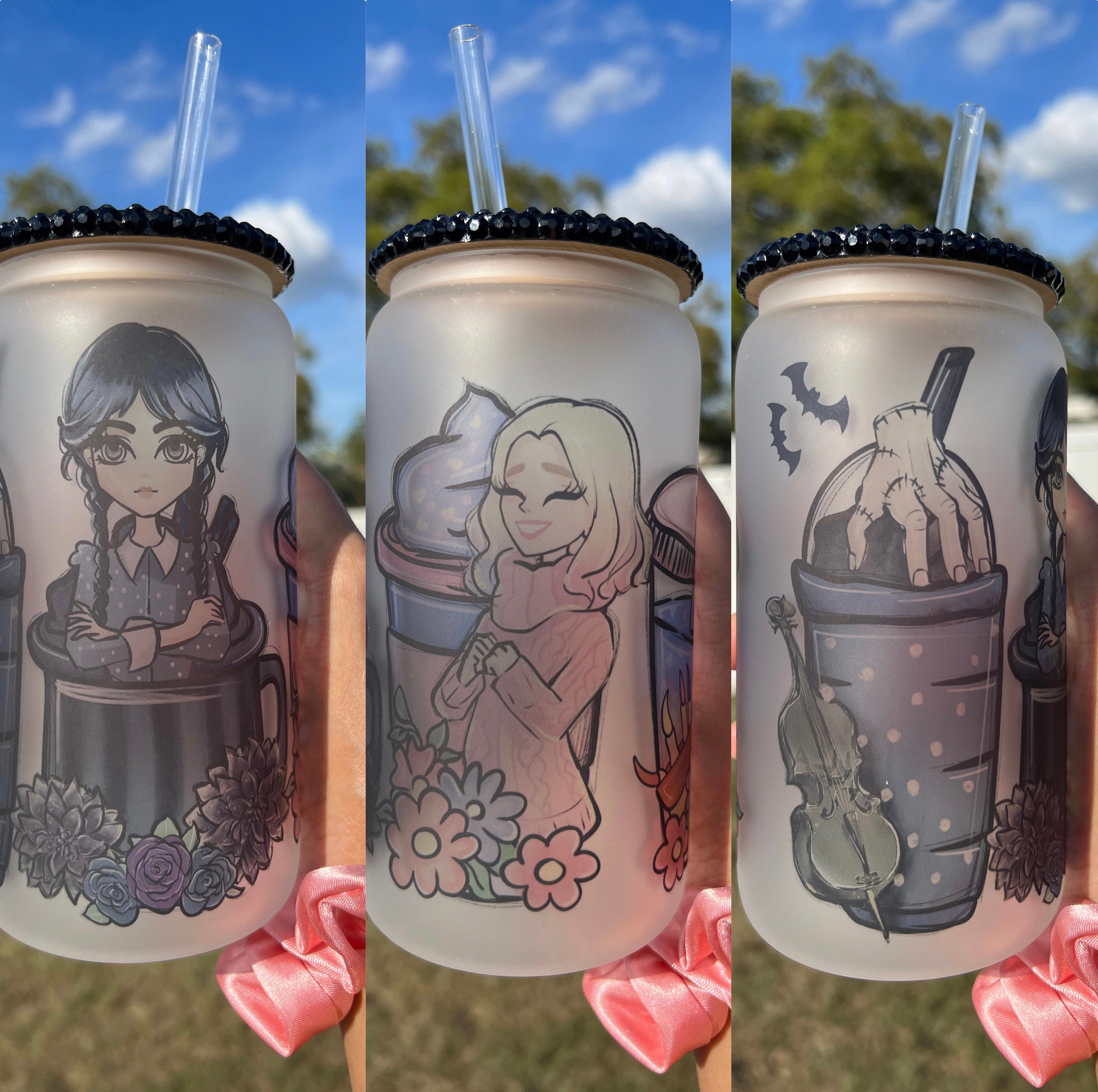 Wednesday Cute Black and Pink 16 Oz Frosted Beer Can Glass Cup, Addams Cute Black Hand Cups, Rhinestone Lids, Aesthetic Glass Cups, Cute Cup