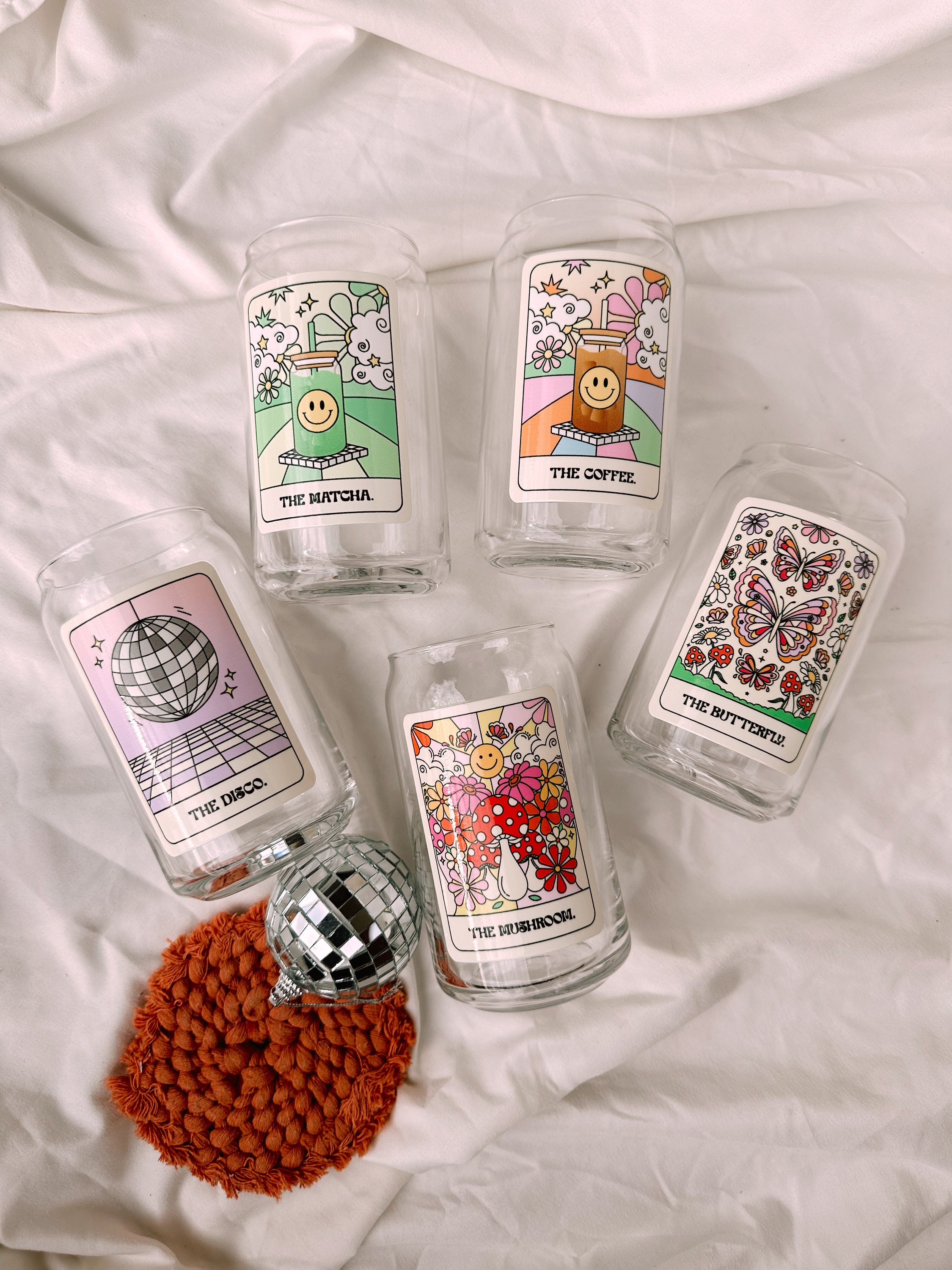 Trendy Retro Tarot Cards Glass Cup, Disco, Mushroom, Coffee, Matcha, Butterfly Glass Cup