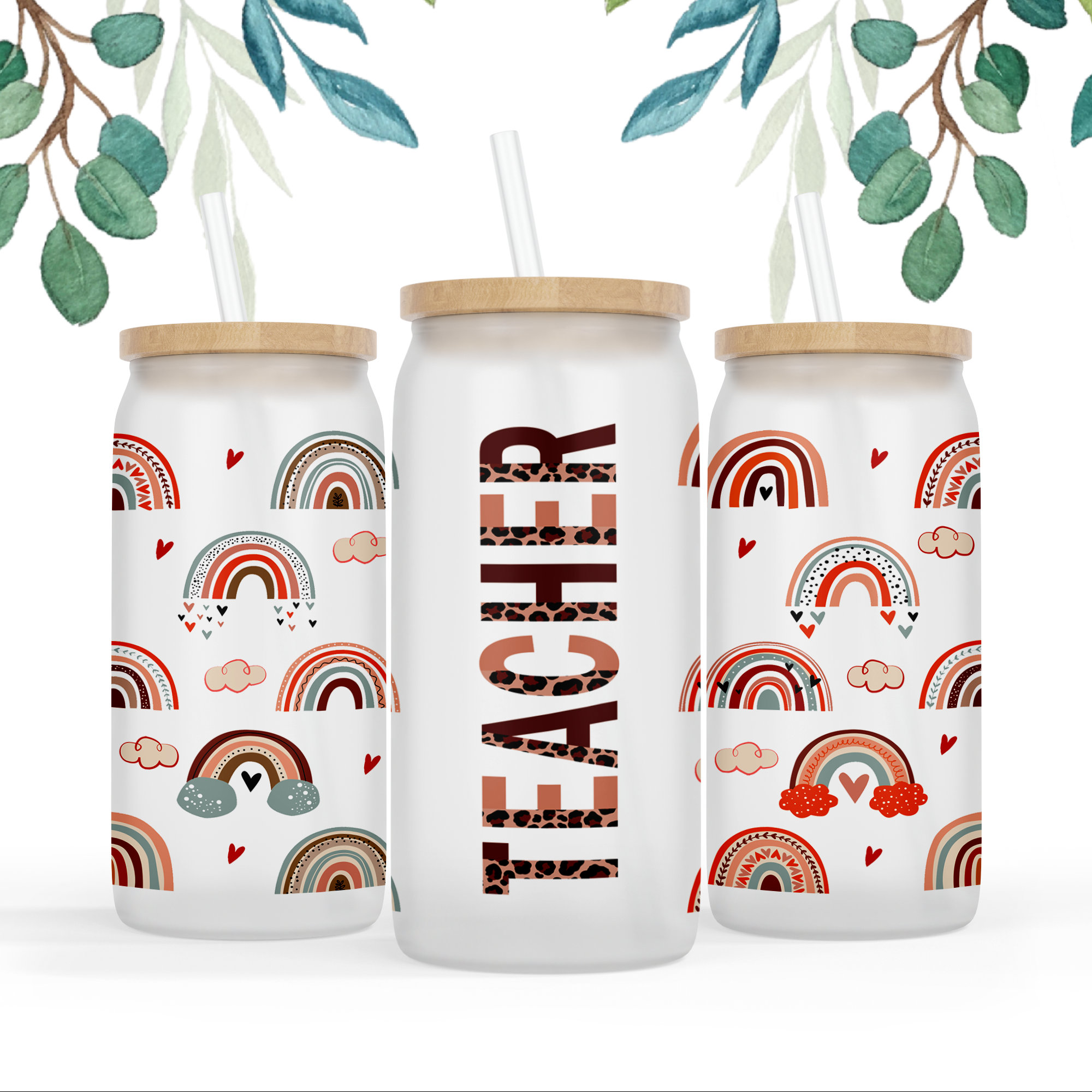 16 oz Libbey Glass Can Tumbler Sublimation Design Boho Teacher, Teacher Rainbow, Teach Love Inspire Sublimation Design, Teacher life wrap