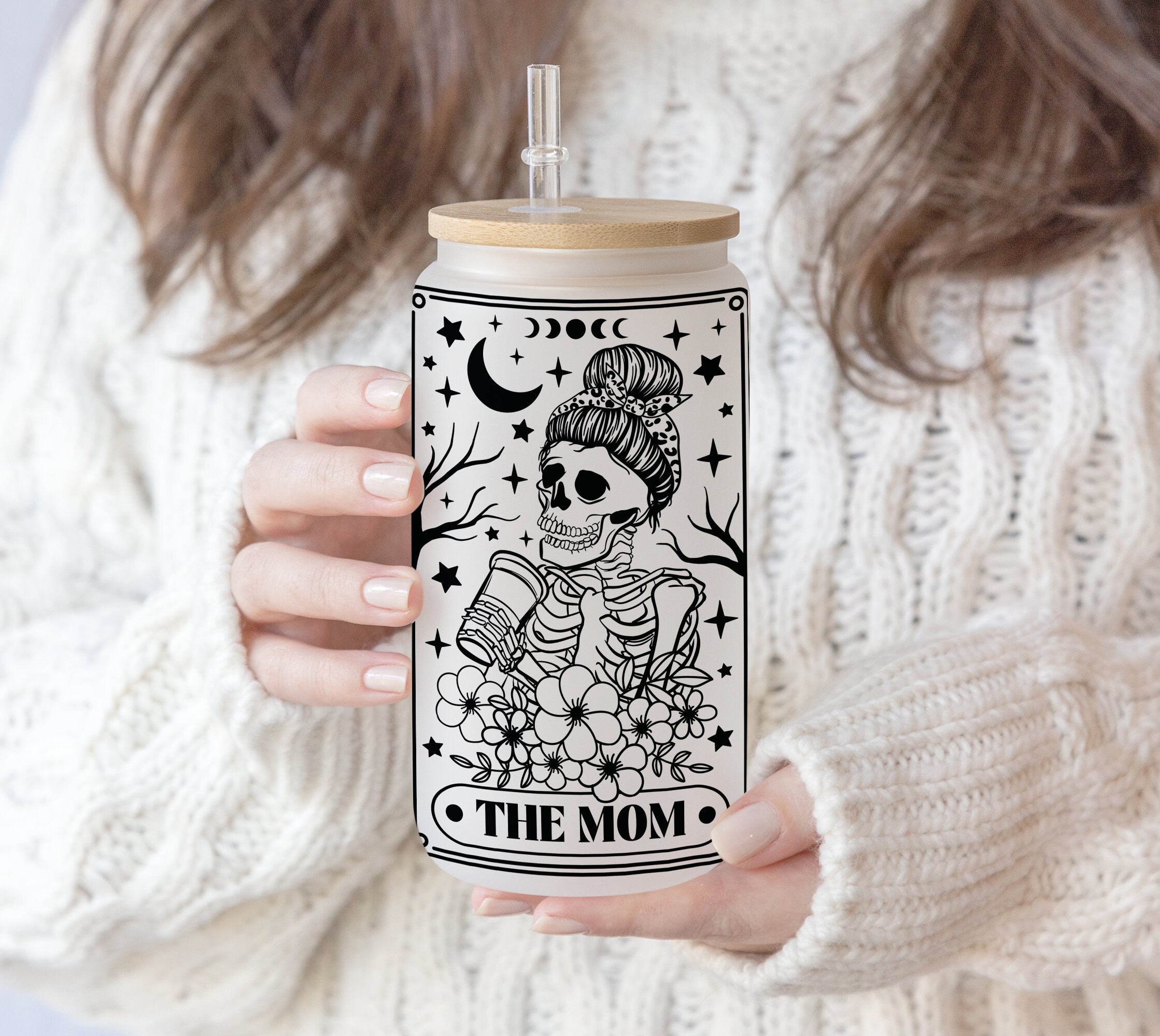 16 oz Libbey Glass Can Retro Tarot Card The Mom | Halloween Mom  | Vintage Skull Skeleton | Gift for Mom | Skull Mom Digital Download PNG