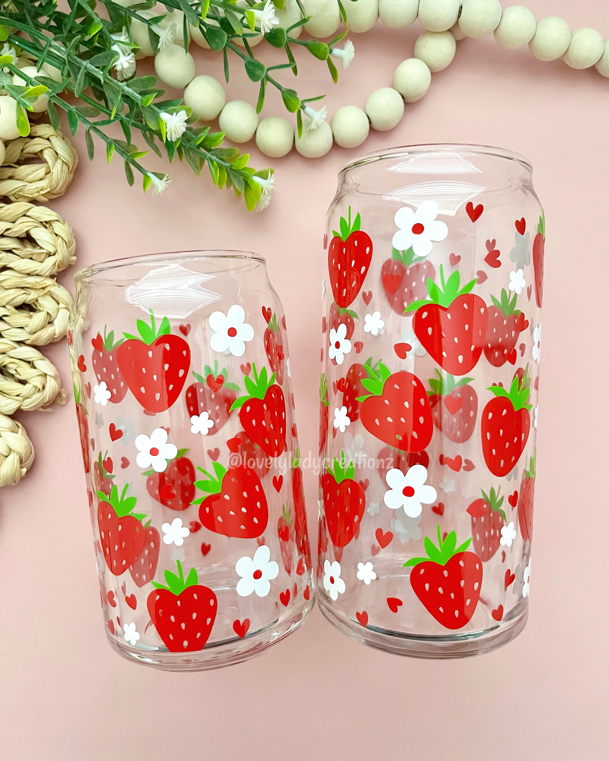 Strawberry and Hearts Glass Cup / Daisy Glass Cup / Valentines Glass Cup / Iced Coffee Glass / Cute Coffee Cup / Valentines Gift