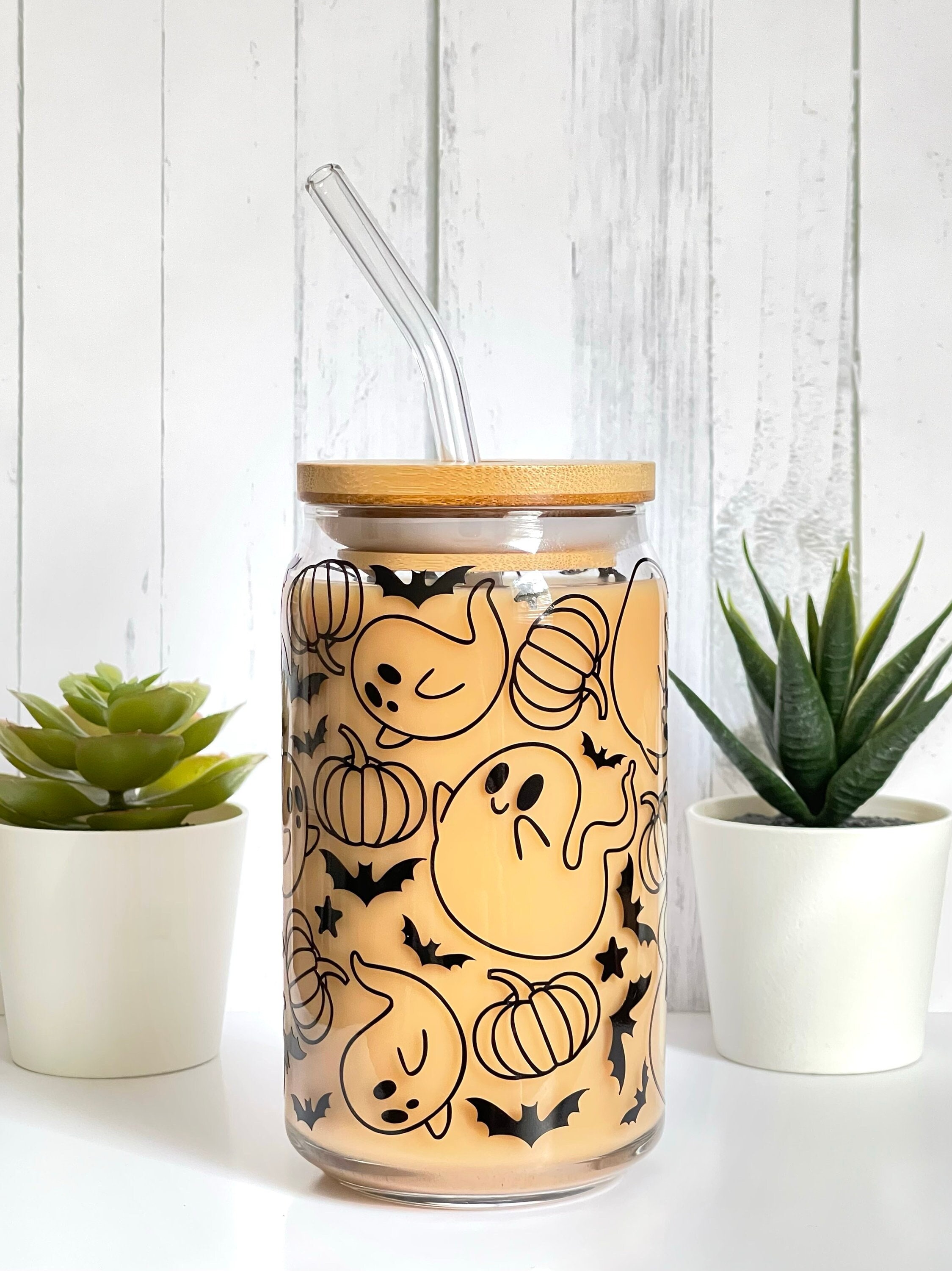 Halloween Beer Glass Can | Ghost Beer Can Glass | Pumpkin Glass | BOO | Bats | Halloween Gifts | Iced Coffee Cup | Halloween Ghost