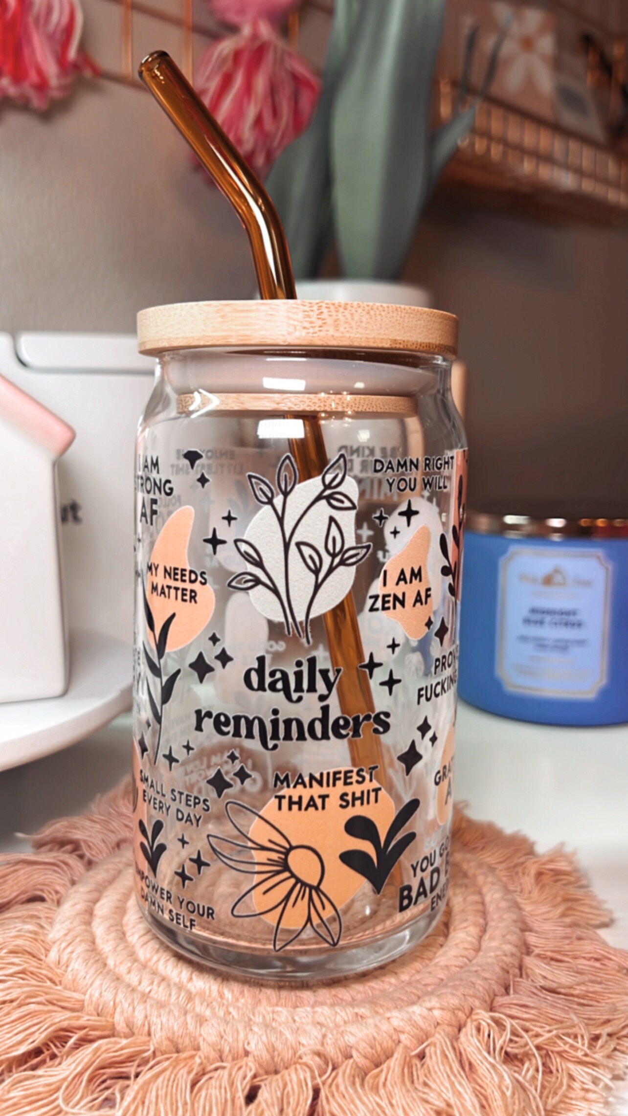 Daily Reminders Glass Can | Affirmations Iced Coffee Cup | Motivational Beer Can Glass