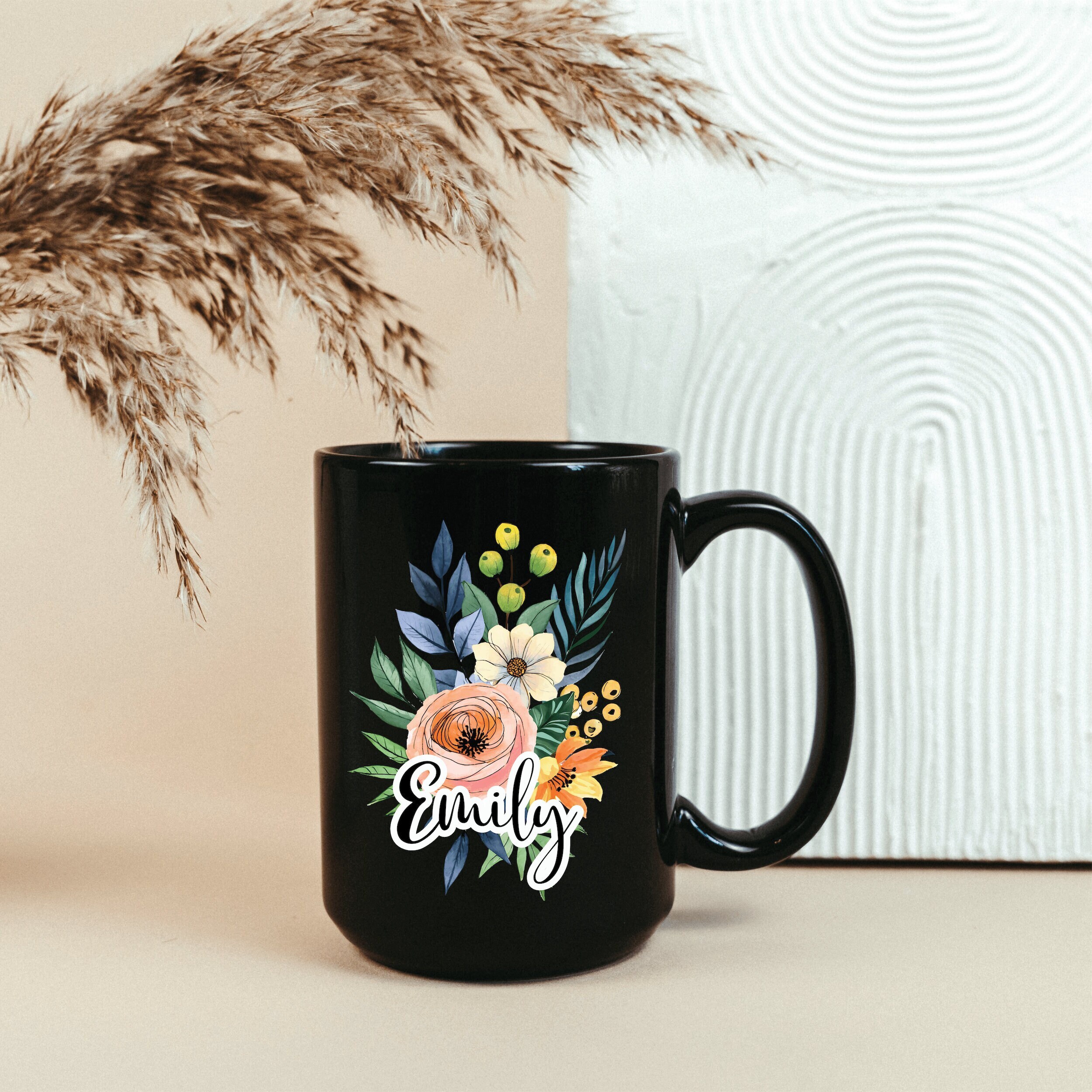 Floral custom mug, Personalized black mug, Large customized coffee cup, Gift for best friend, Custom Mug with Text, Coffee Lover Unique Gift