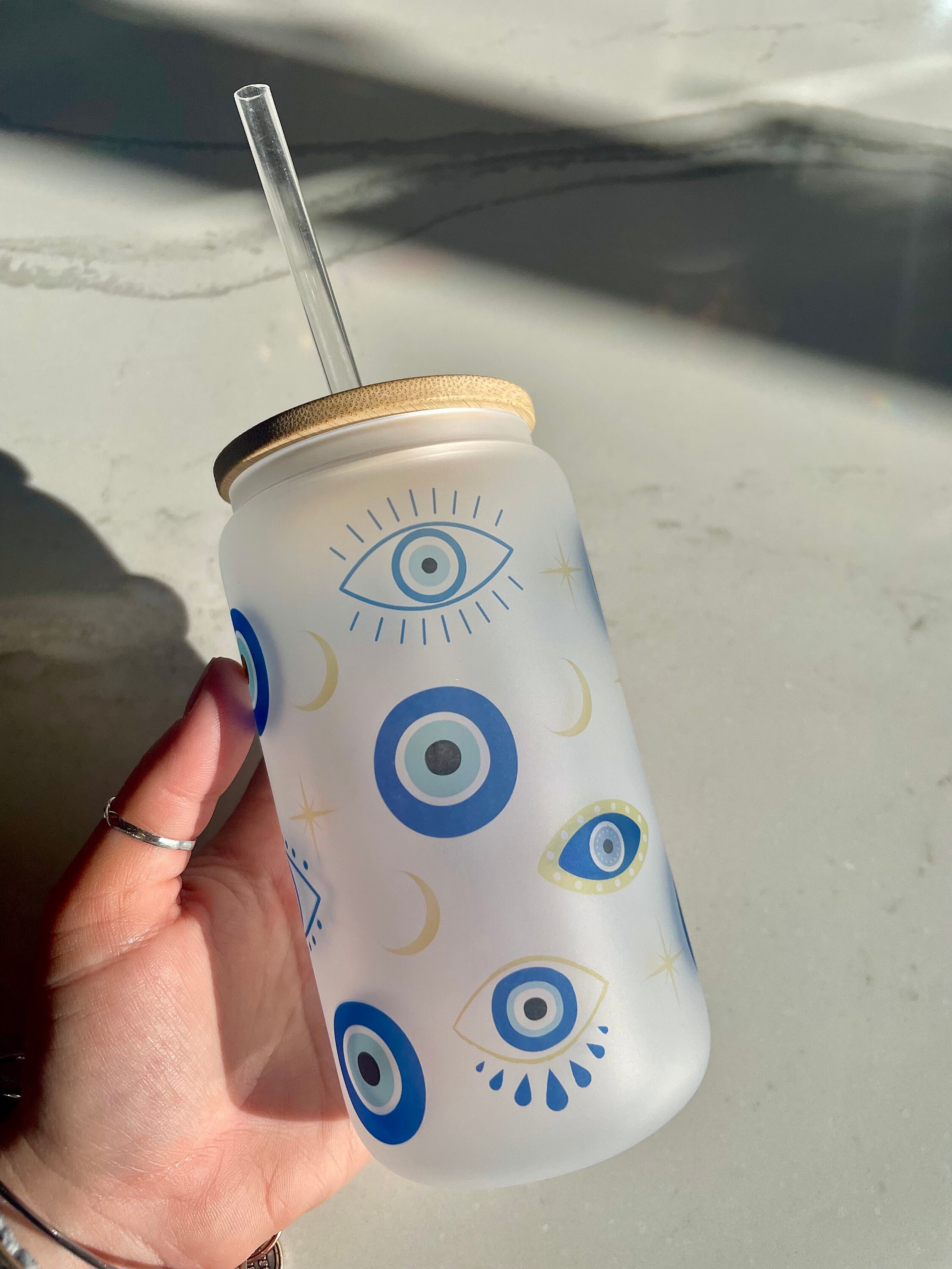 Frosted Evil Eye | Good Vibes | Evil Eye | 16 oz Glass Can | Iced Coffee | Bamboo Lid | Soda Can Glass | Beer Can Glass | Sublimation |