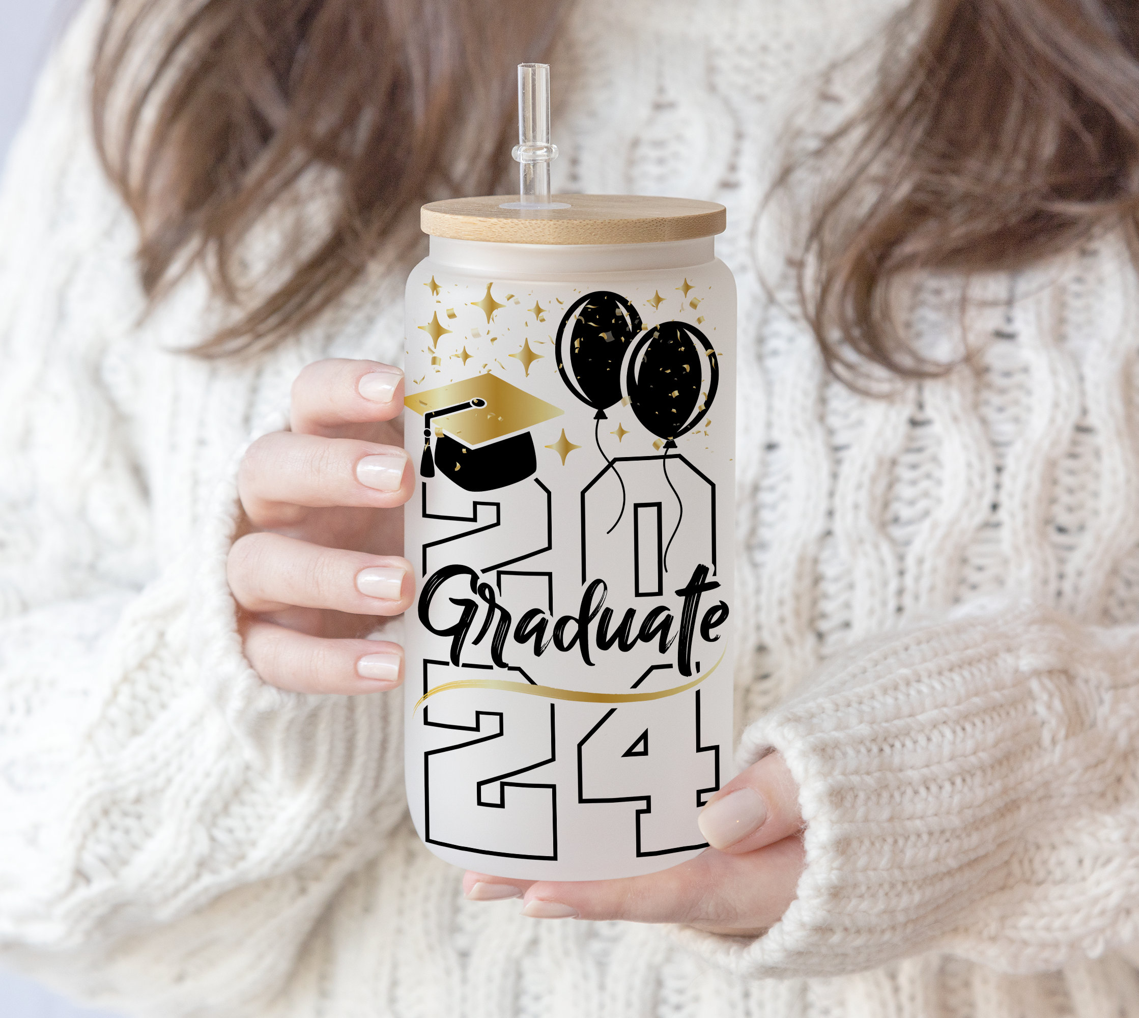 16 oz Libbey Glass Can Senior 2024 2023 Gift idea Senior class 2024, 2023Proud graduate,Cap Graduation Nutrition Sublimation Graduated label