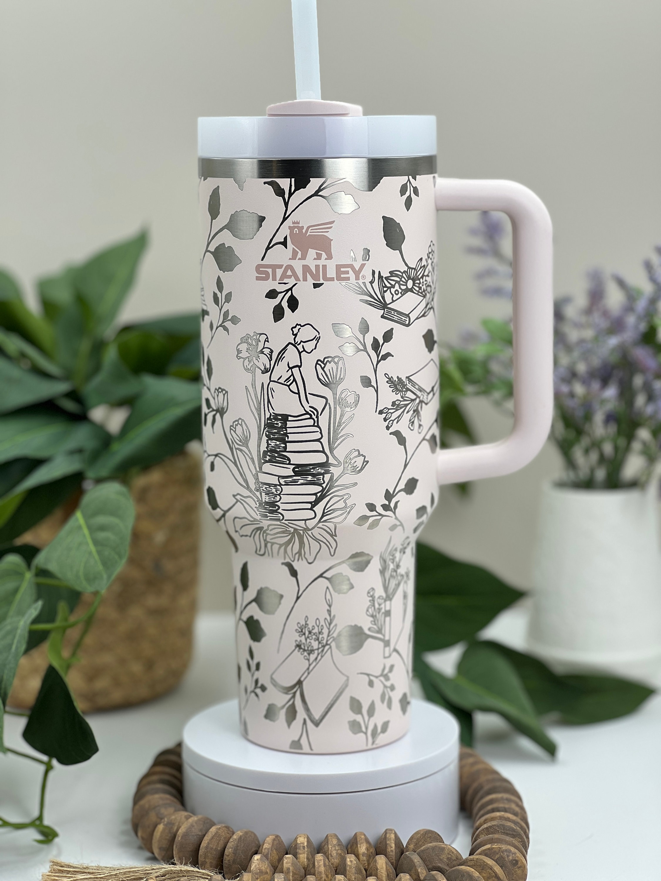 Floral Books Reading Laser Engraved 40oz Tumbler with Handle Lid and Straw, Custom Engraved Seamless Tumbler, Double Wall Insulated Cup