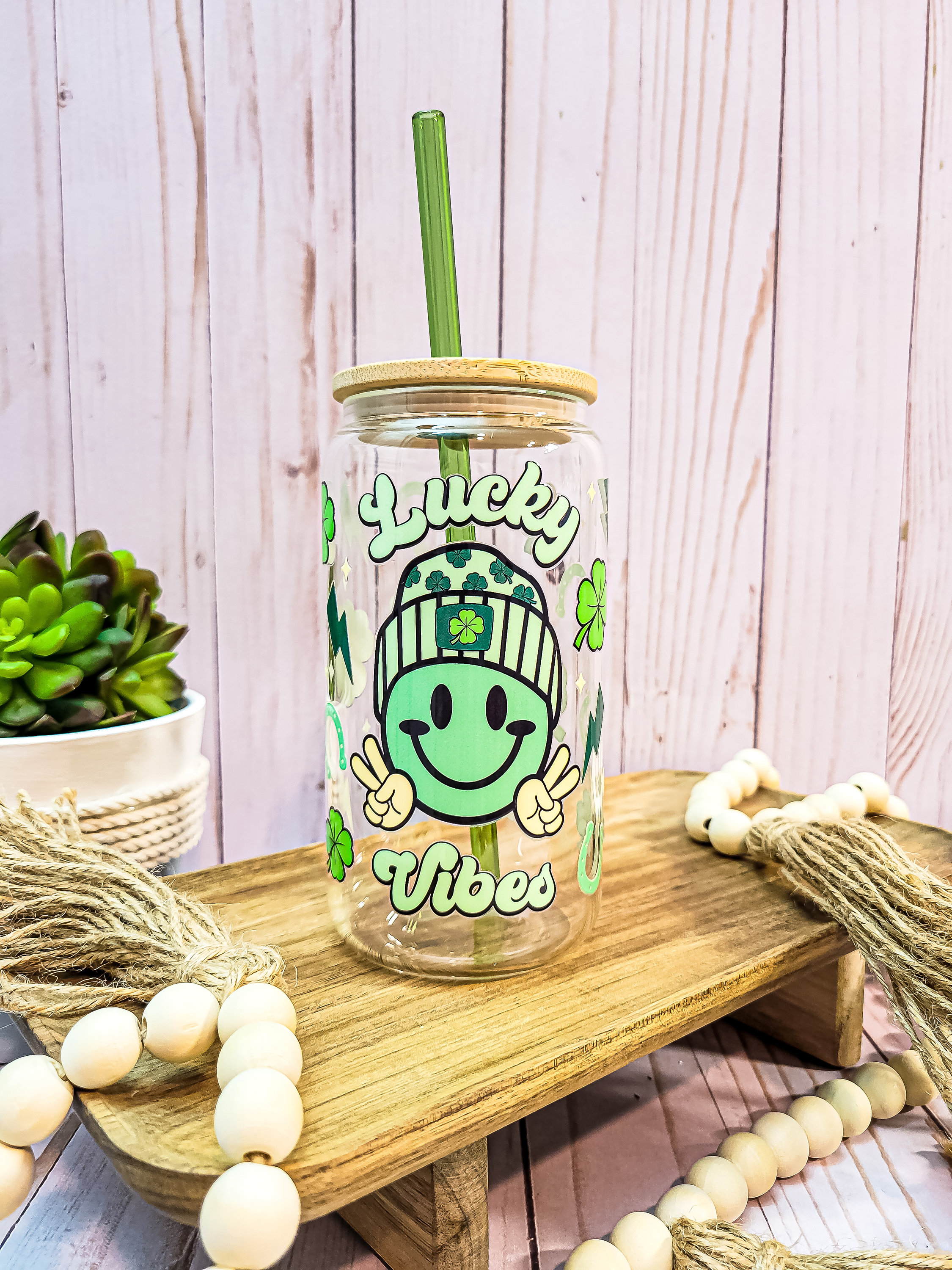 Smiley Glass Can, Cute Green Clover Cup, Iced Coffee Beer Can Glass With Lid and Straw, Lucky Vibes, St. Patricks Day Gift, Irish Shamrock