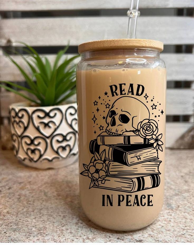 Read in Peace, glass Cup, skull Glass Tumbler