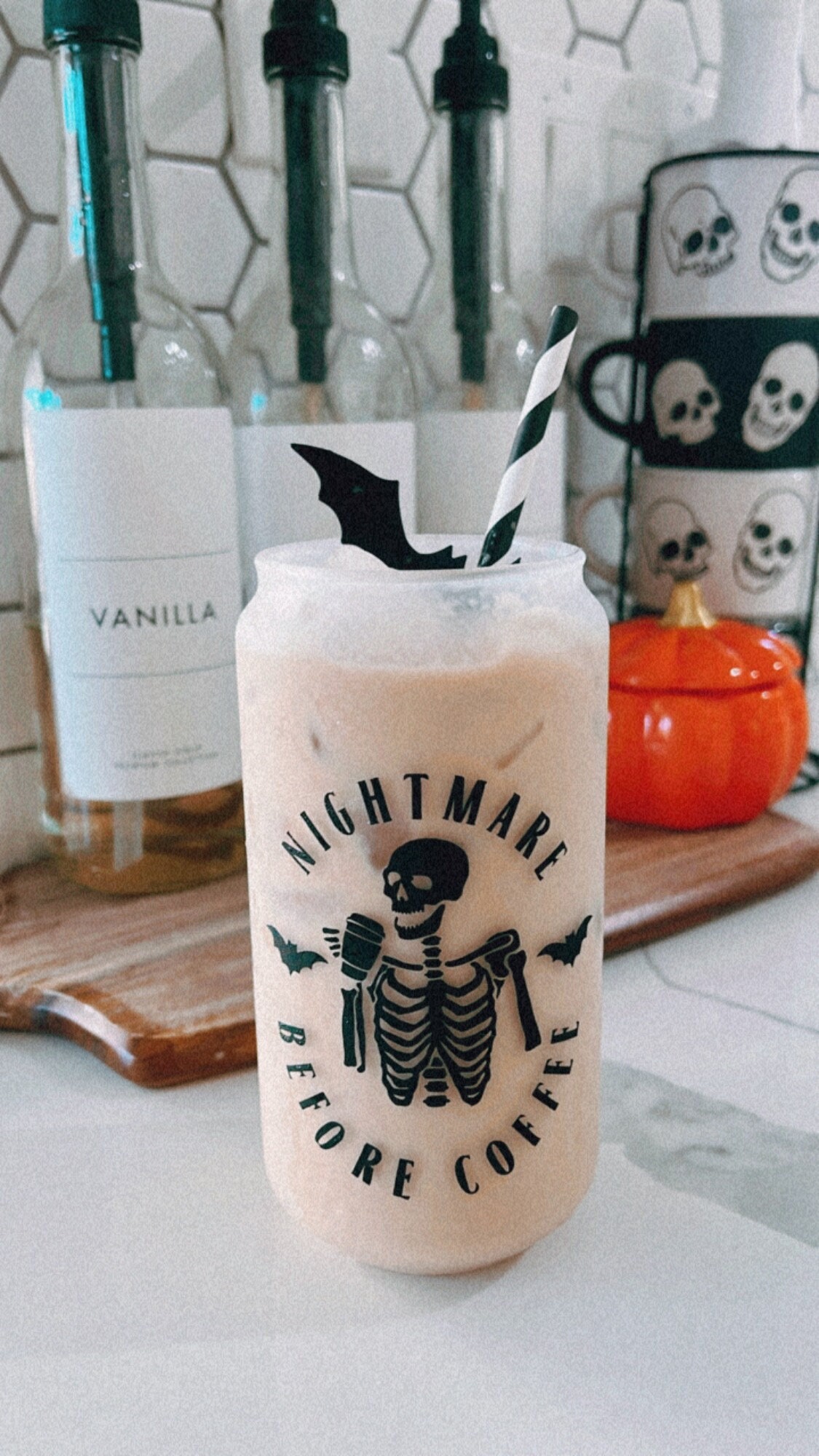 Nightmare Before Coffee Glass| Spooky Season Glass| Includes lids and straw