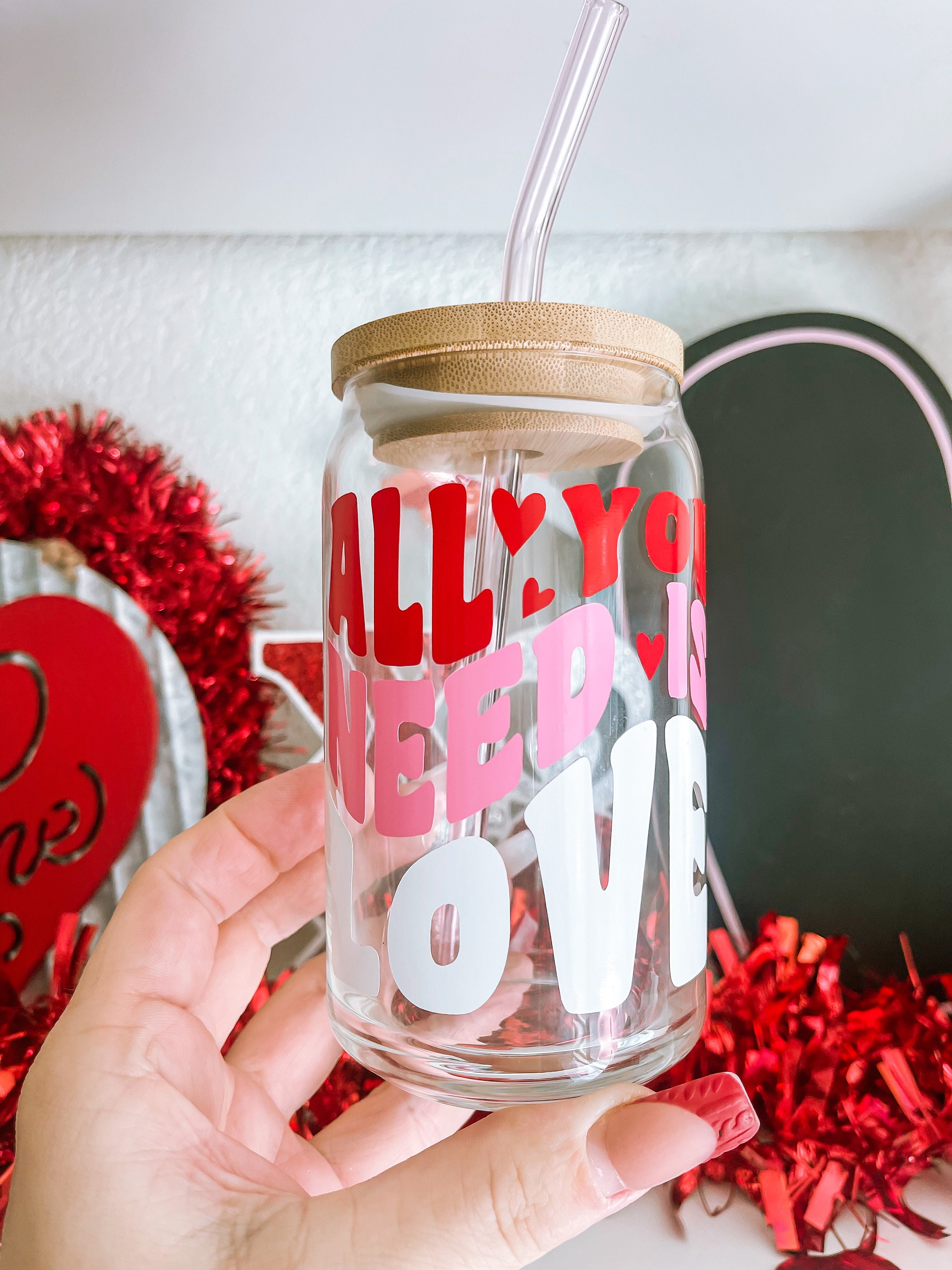 All you need is Love Iced Coffee Glass, Valentines Day coffee Tumbler, Can Glass with lid, Glass Coffee Cup, Iced Coffee Cup, Birthday