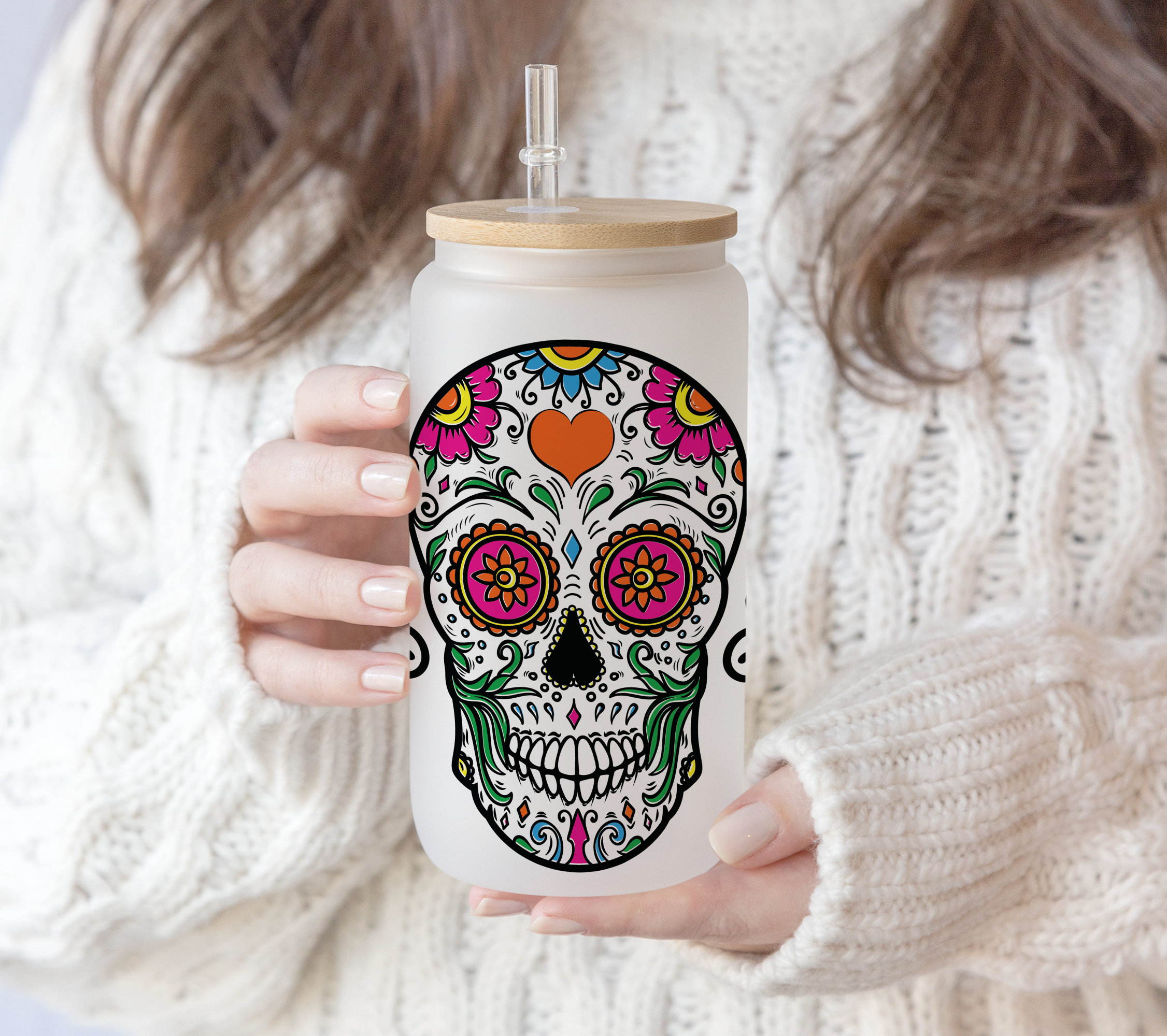 6 files 16 oz Libbey Glass Can Sugar Skull Floral  Libbey Glass Svg ,Hallween Skull flower , Cricut Cut Files,PNG SVG Beer glass Silhouette