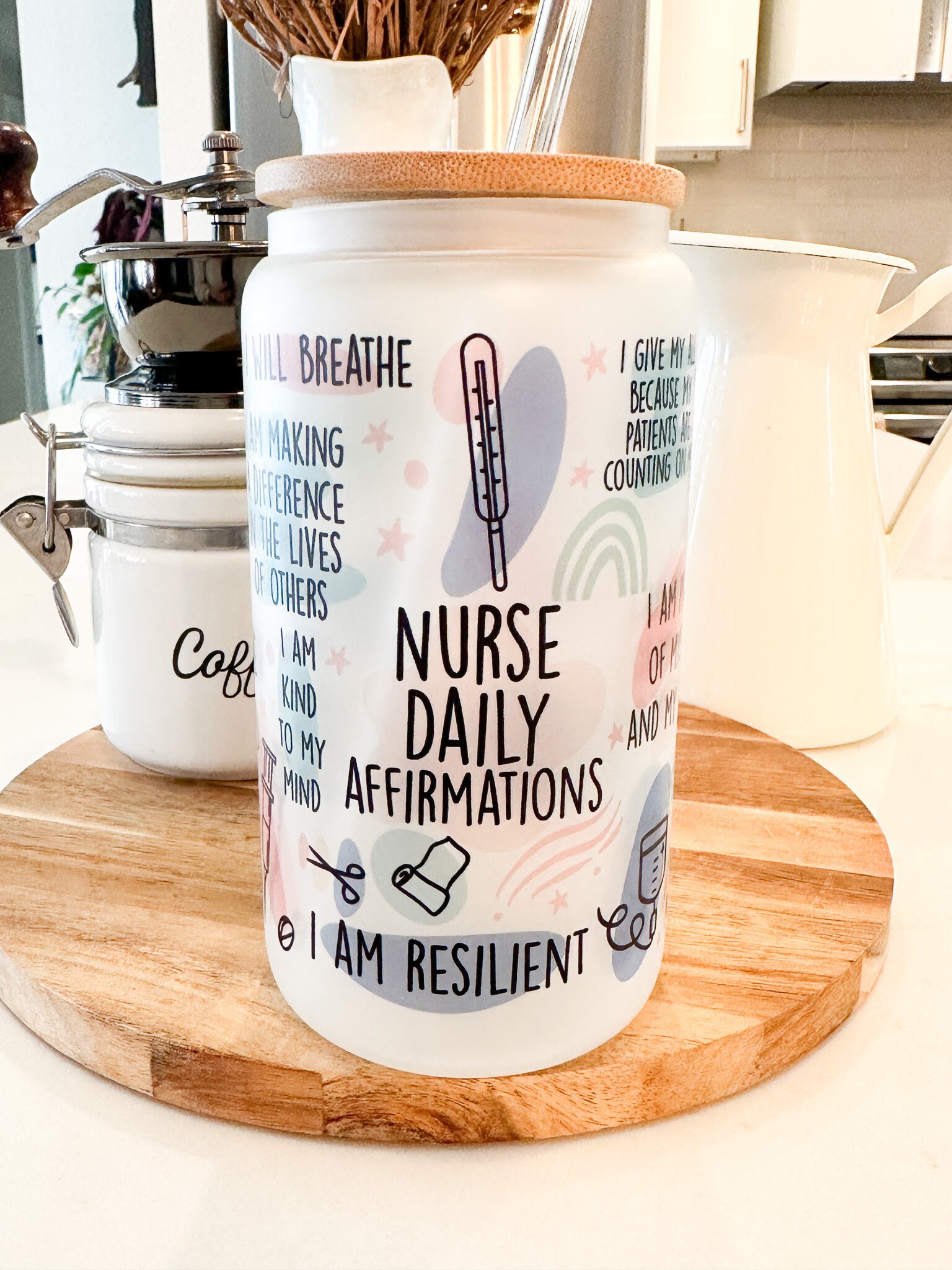 Nurse Daily Affirmations, Iced Coffee Drink, 16 oz Frosted Glass Tumbler, Lid & Straw Included, Nursing Student Gift, Hospital Staff Gift