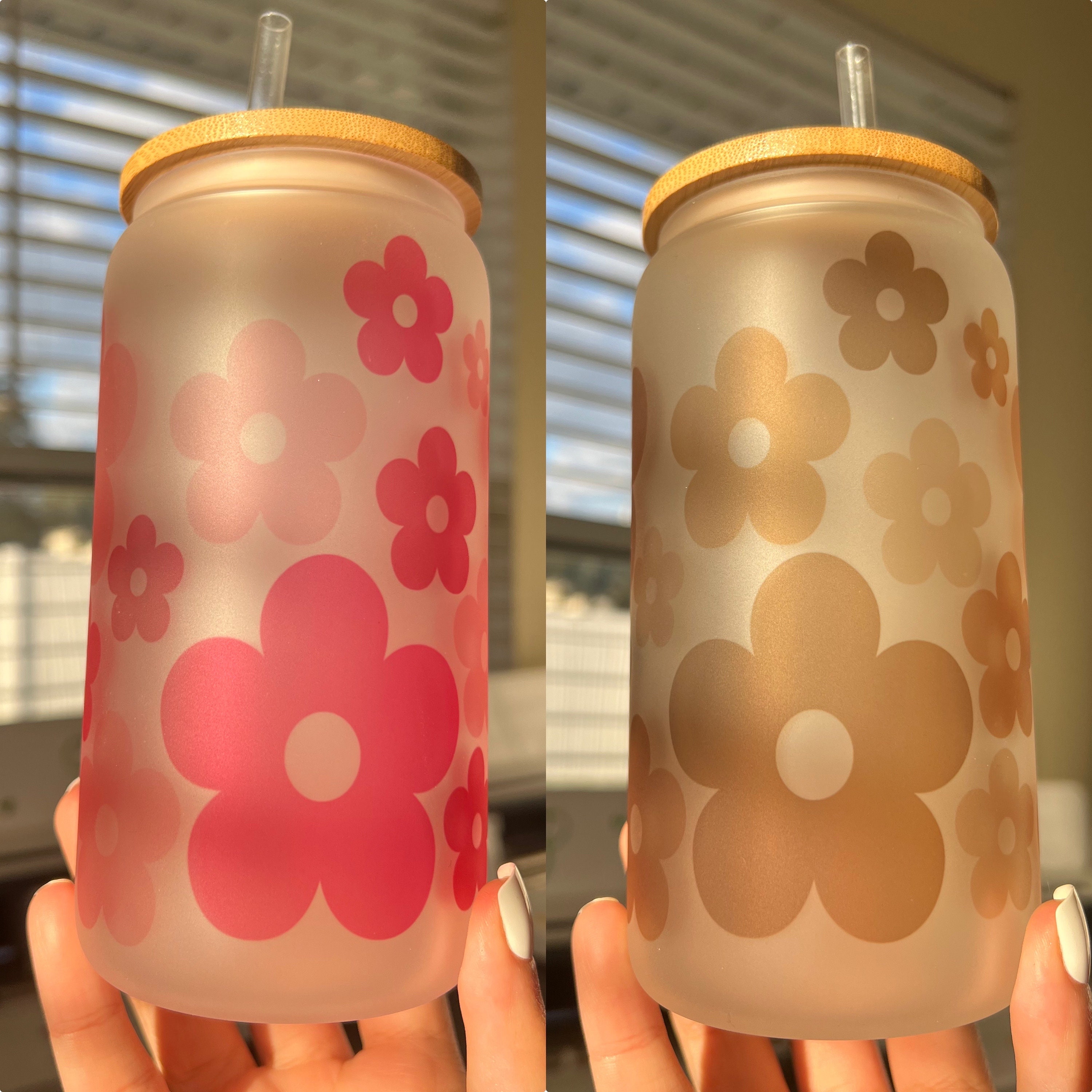 Retro Pink Daisy Frosted 16 Oz Beer Can Glass Cup, Aesthetic Glass Cups, Cute Cups for Her, Gift Ideas for Bestfriend, Cute Birthday Gift