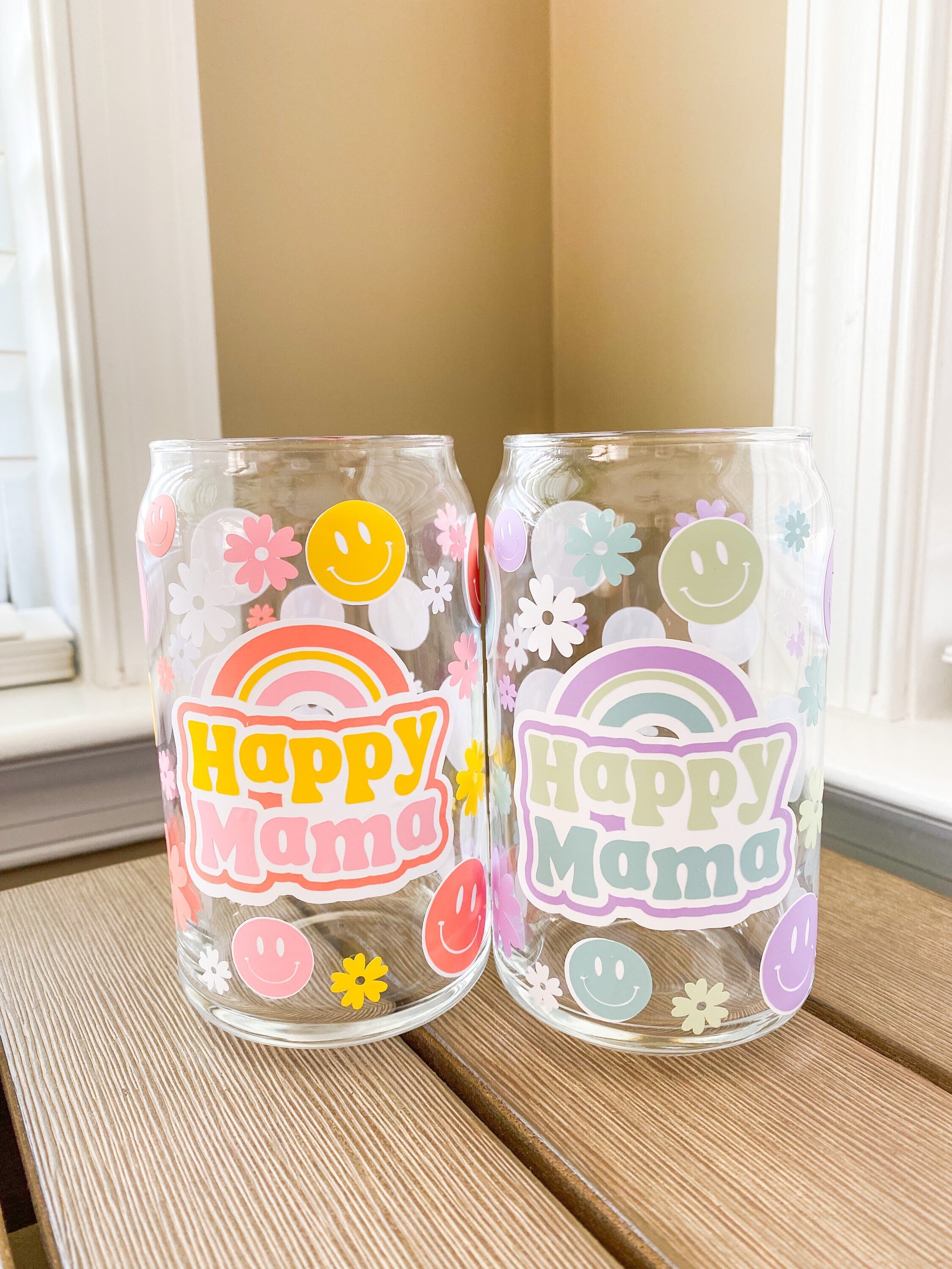 Happy Mama Beer Can Glass, Iced Coffee Cup Glass Can, Gift for Mom, Iced Coffee Glass, Glass Beer Can, Beer Can Glass Cup, Mama Glass Cup