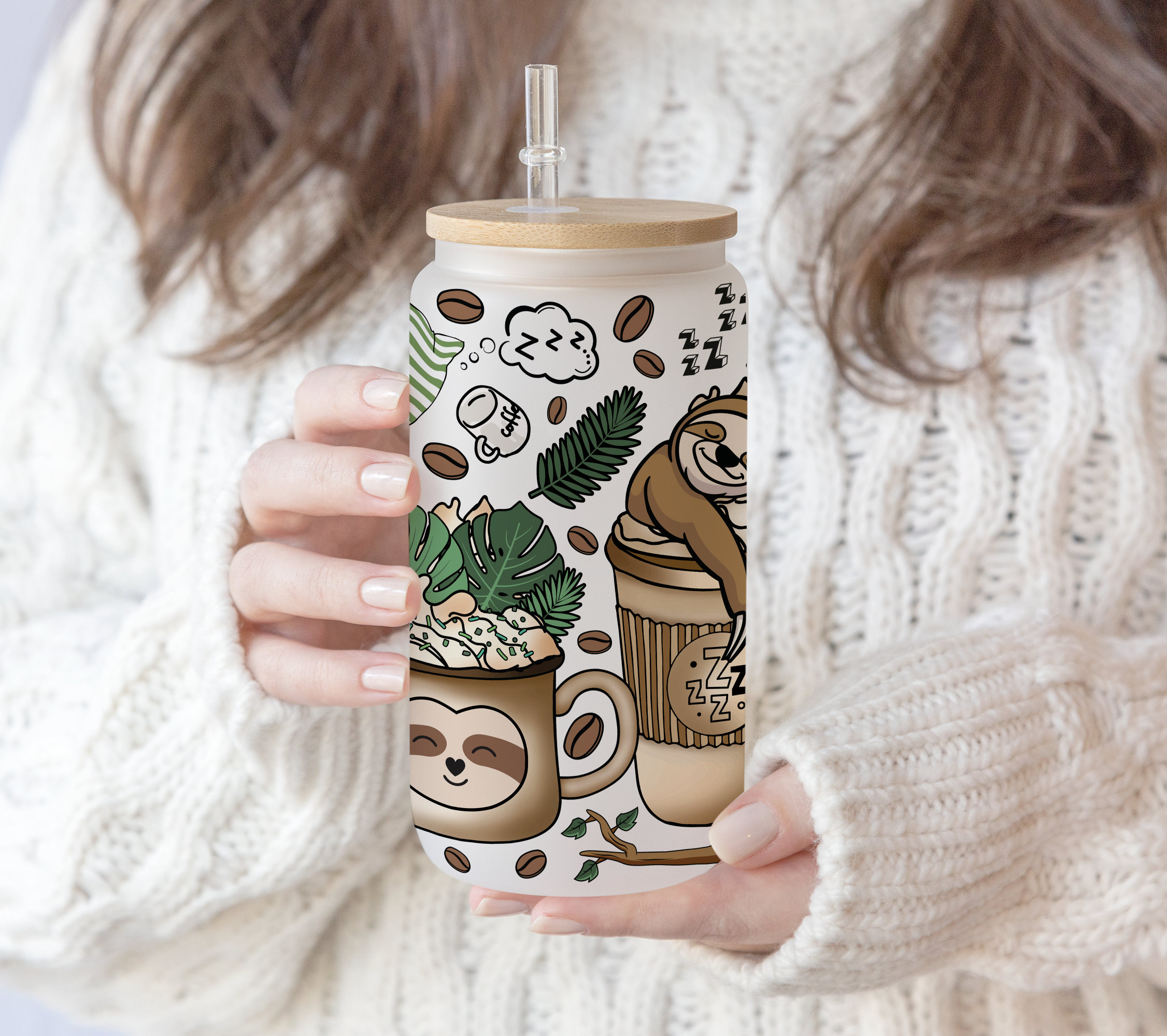 2 Files 16 oz Libbey Beer Glass Can Hand drawn Fall Coffee Cute Lazy Sloth latte iced Coffee warm cozy autumn Sloth need coffee,pen wrap PNG