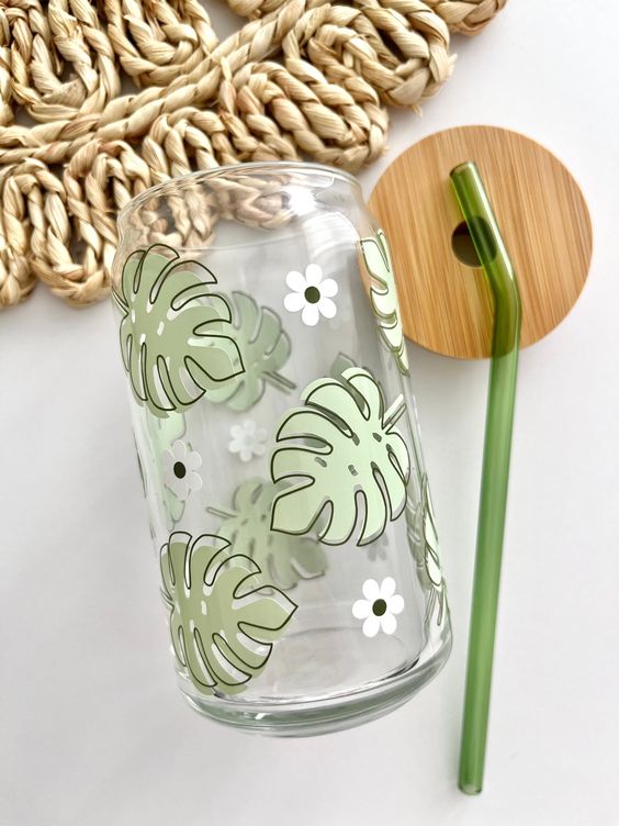 Monstera and Daisy Glass Cup, Iced Coffee Glass, Plants Glass Cup, Cute Coffee Cup, Plant Mama Cup