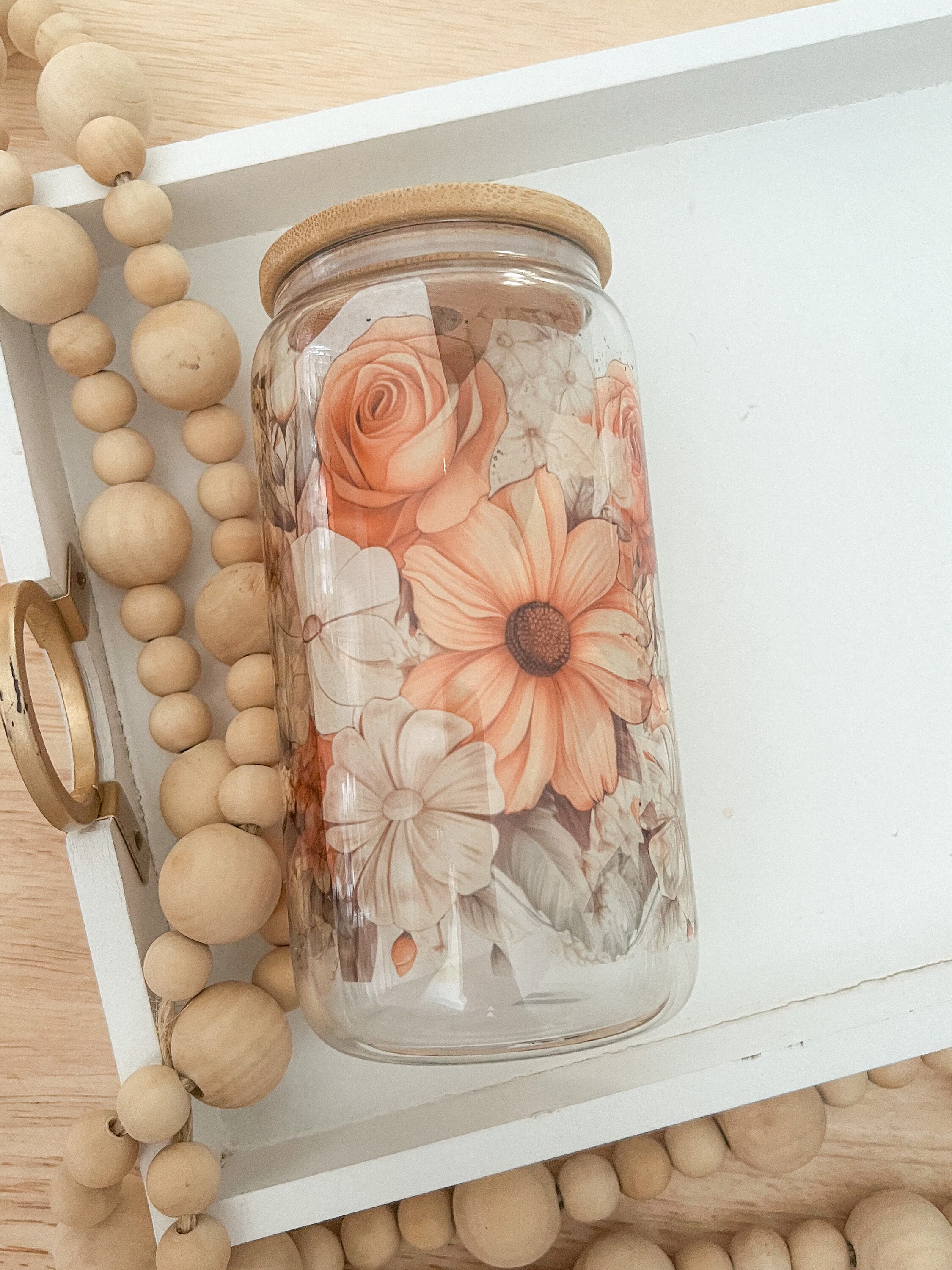 Autumn Flower Glass Can Cup, Glass Tumbler, Iced Coffee Cup, Fall Cup for Iced Coffee, Cold Drink Cup, Reusable Plastic Straw and Bamboo Lid