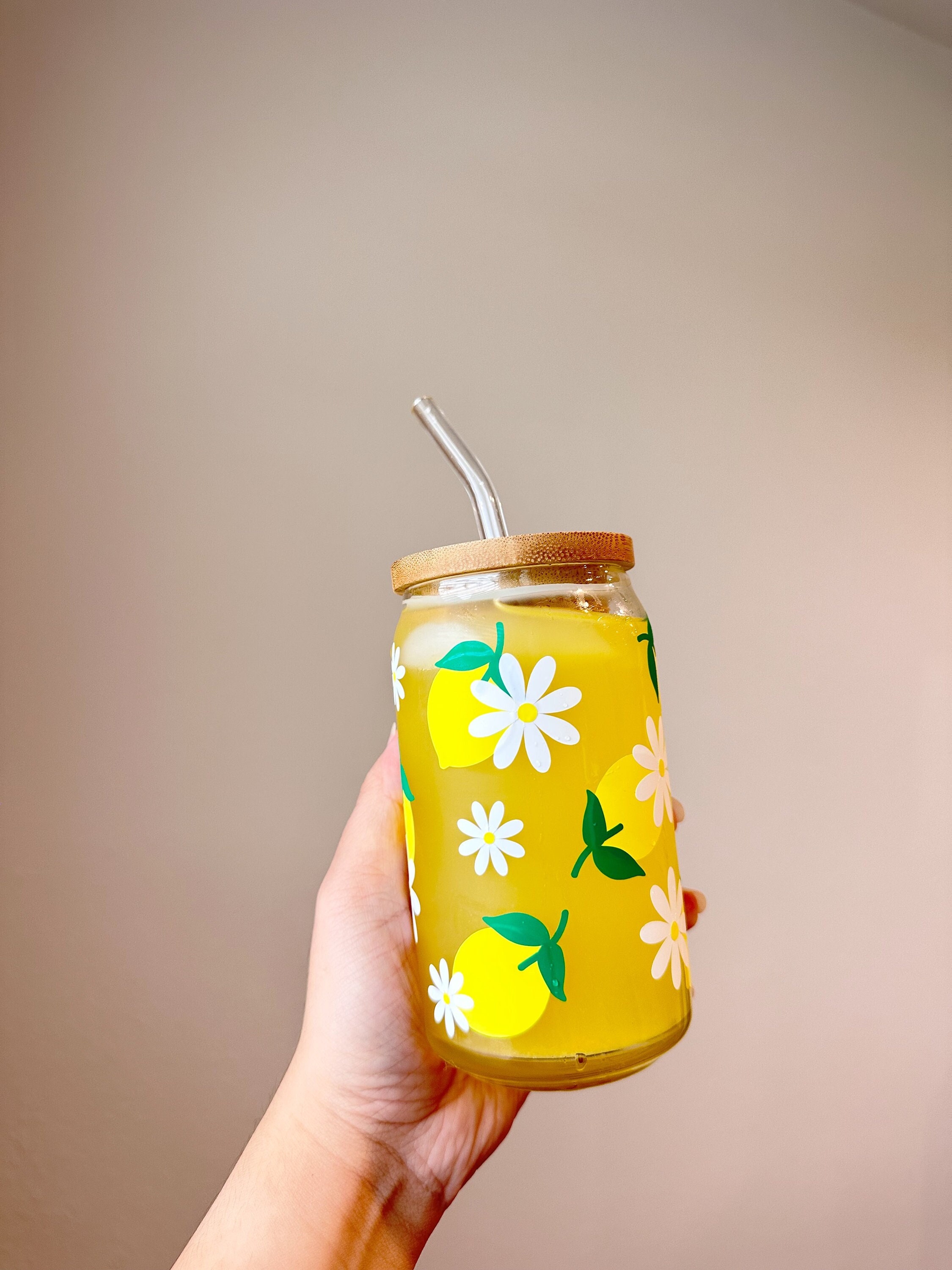 Lemon Glass Cup | Summer Iced Coffee Glass | Fruit Beer Can Glass | Cup with Lid and Straw | Gift for her | Christmas gift for her