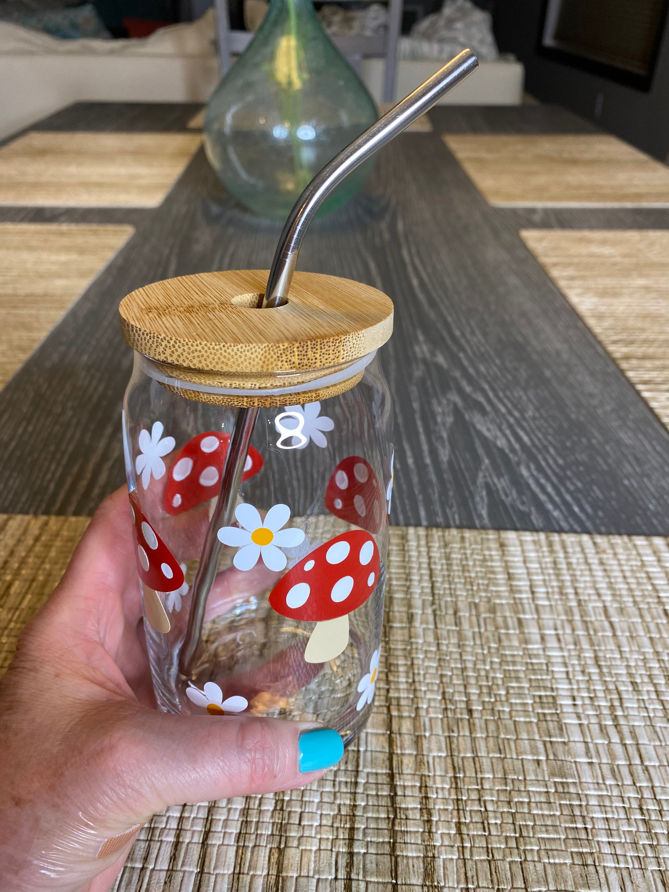 Mushrooms and Daisies Soda Can Glass