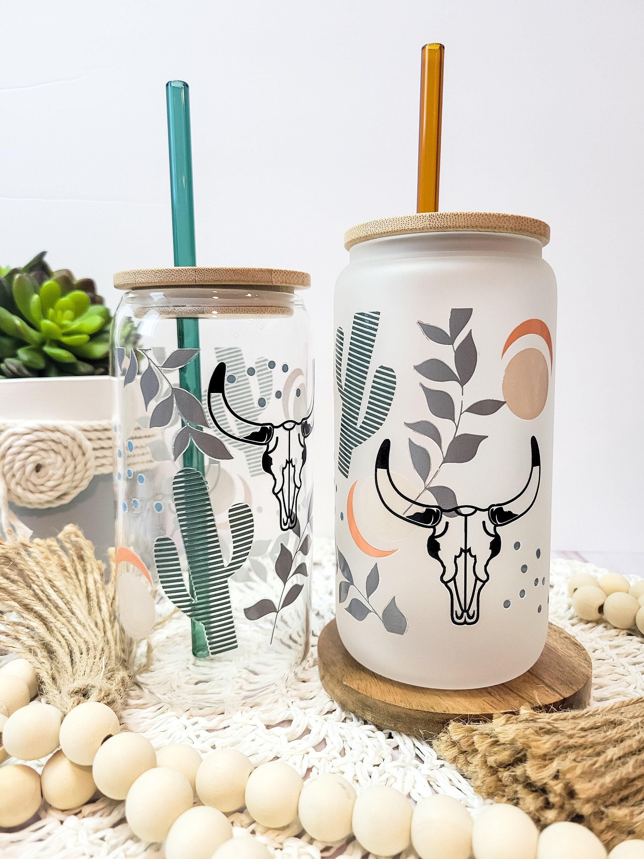 Western Beer Can Glass, Boho Western Tumbler, Western Bull Skull, Boho Abstract Glass Cup, Cactus Print, Gift for Cowgirl, Trendy Glass Cups