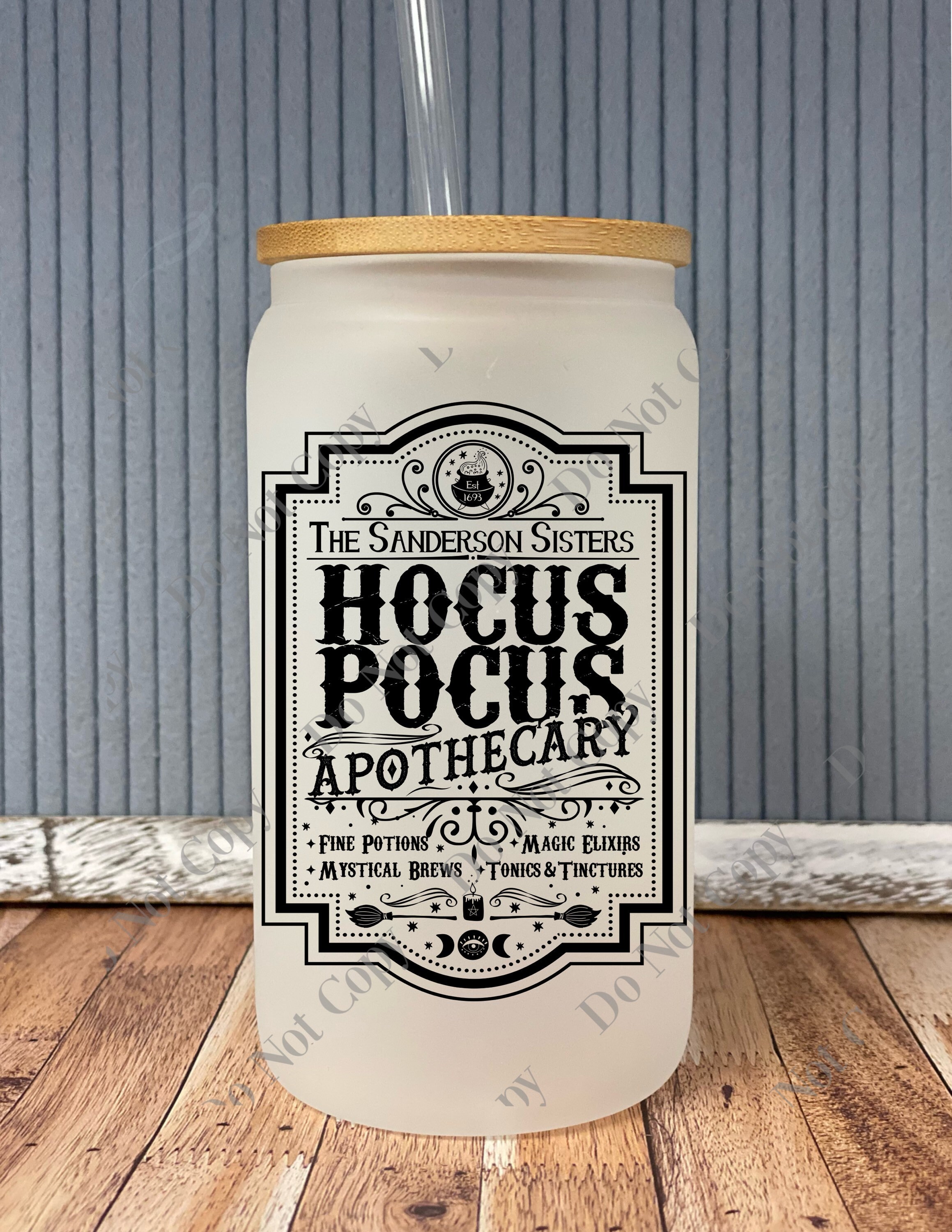 Witch sisters apothecary- frosted can shaped glass with lid and straw