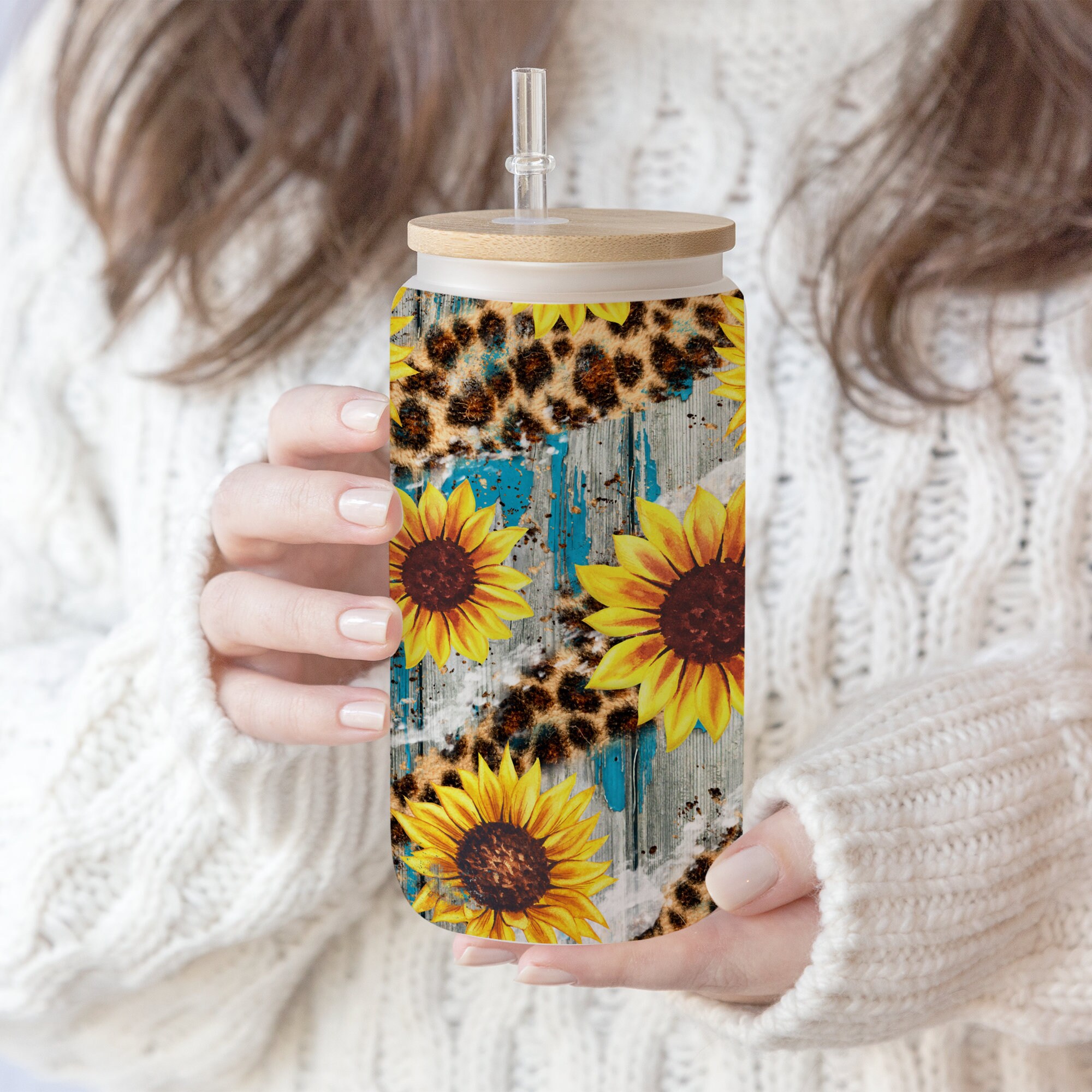 16 oz Libbey Glass Can Sunflower Leopard Vintage Wood Sublimation  png file Sunflower Gift for mom , Mother’s Day , PNG Digital Download