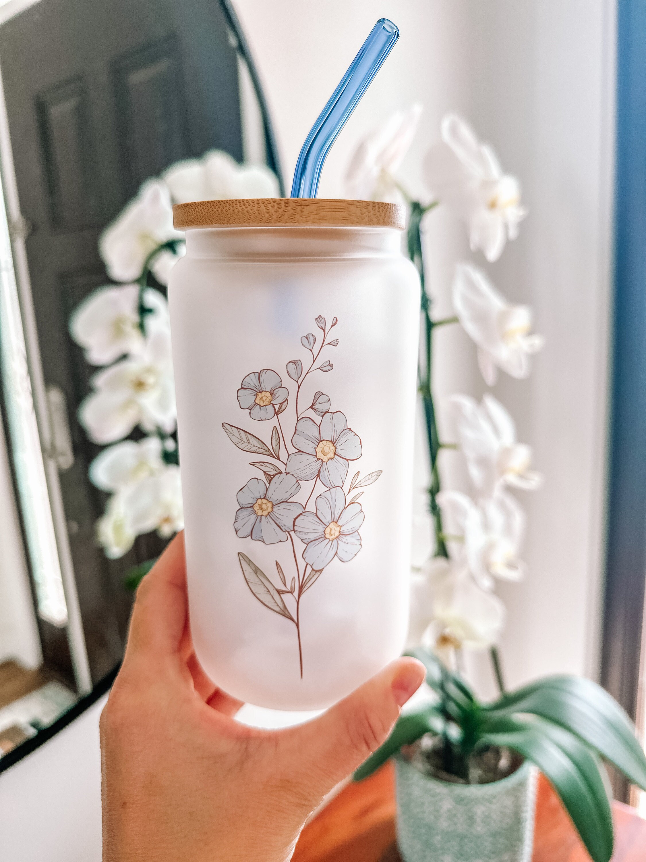 Forget me not flower 16oz Glass tumbler