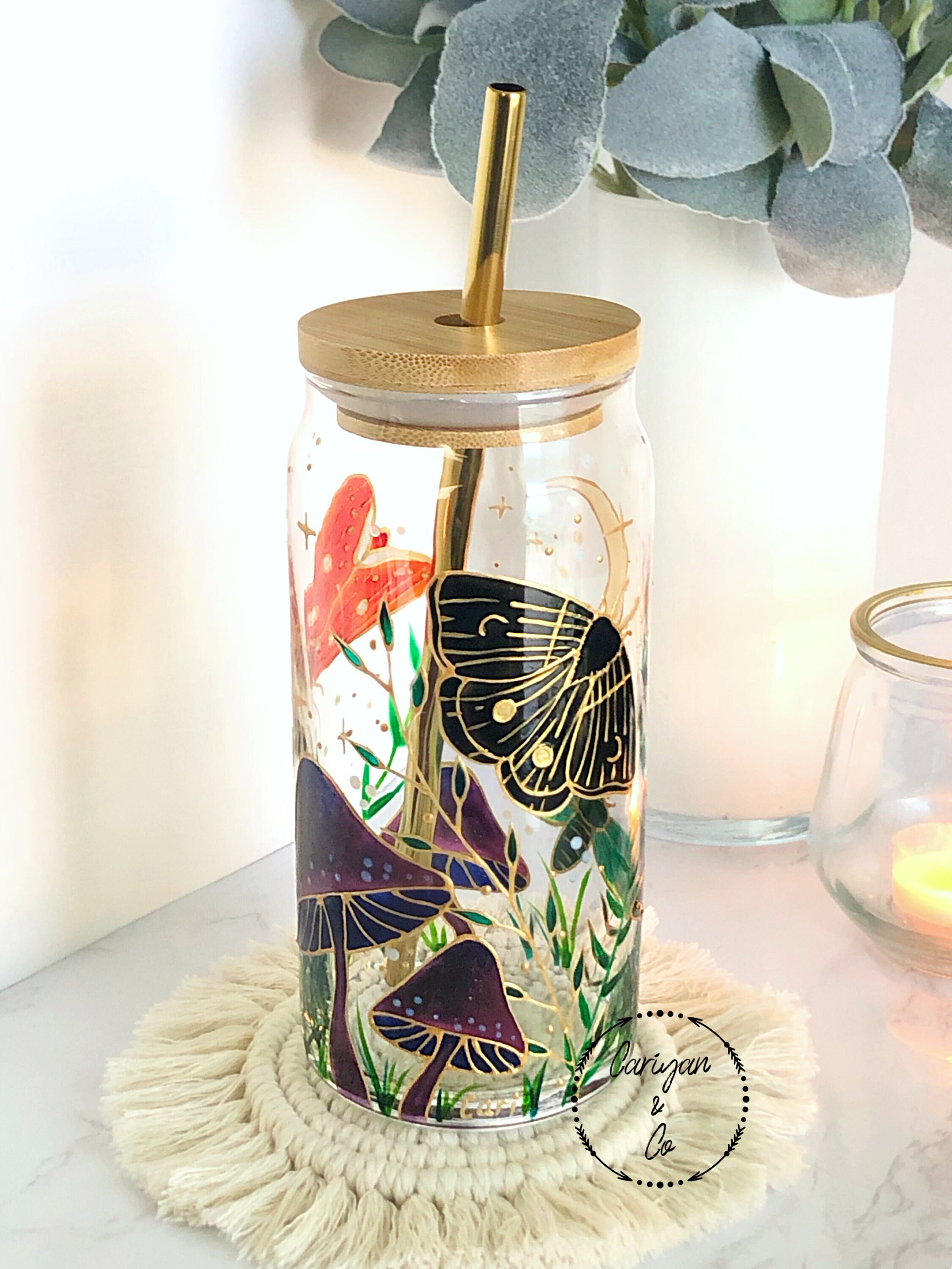 Hand Painted Moth Mushroom Glass Cup, Iced Coffee Can Glass Cup