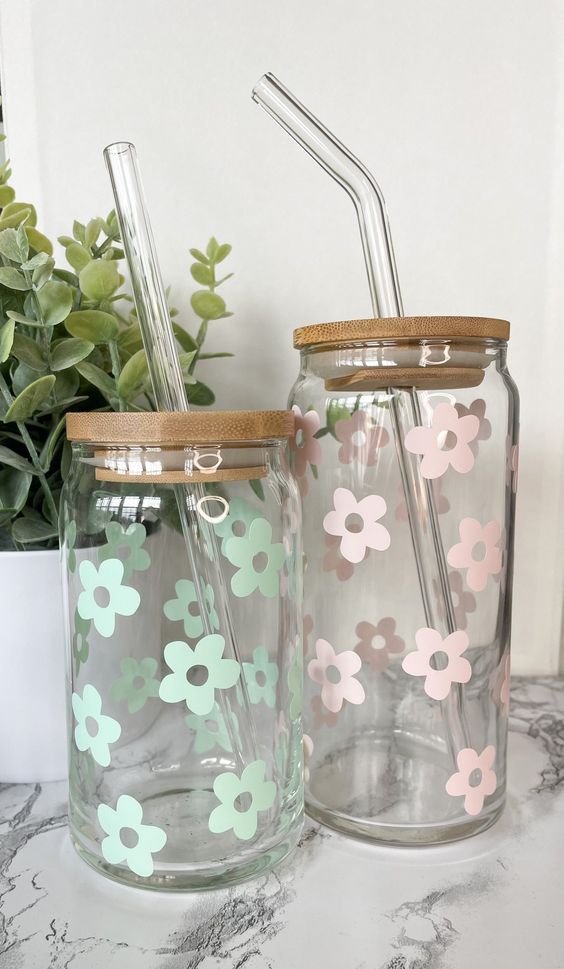 Retro Flowers Beer Can Glass, Iced Coffee Glass, Can Glass Cup, Trendy Cup