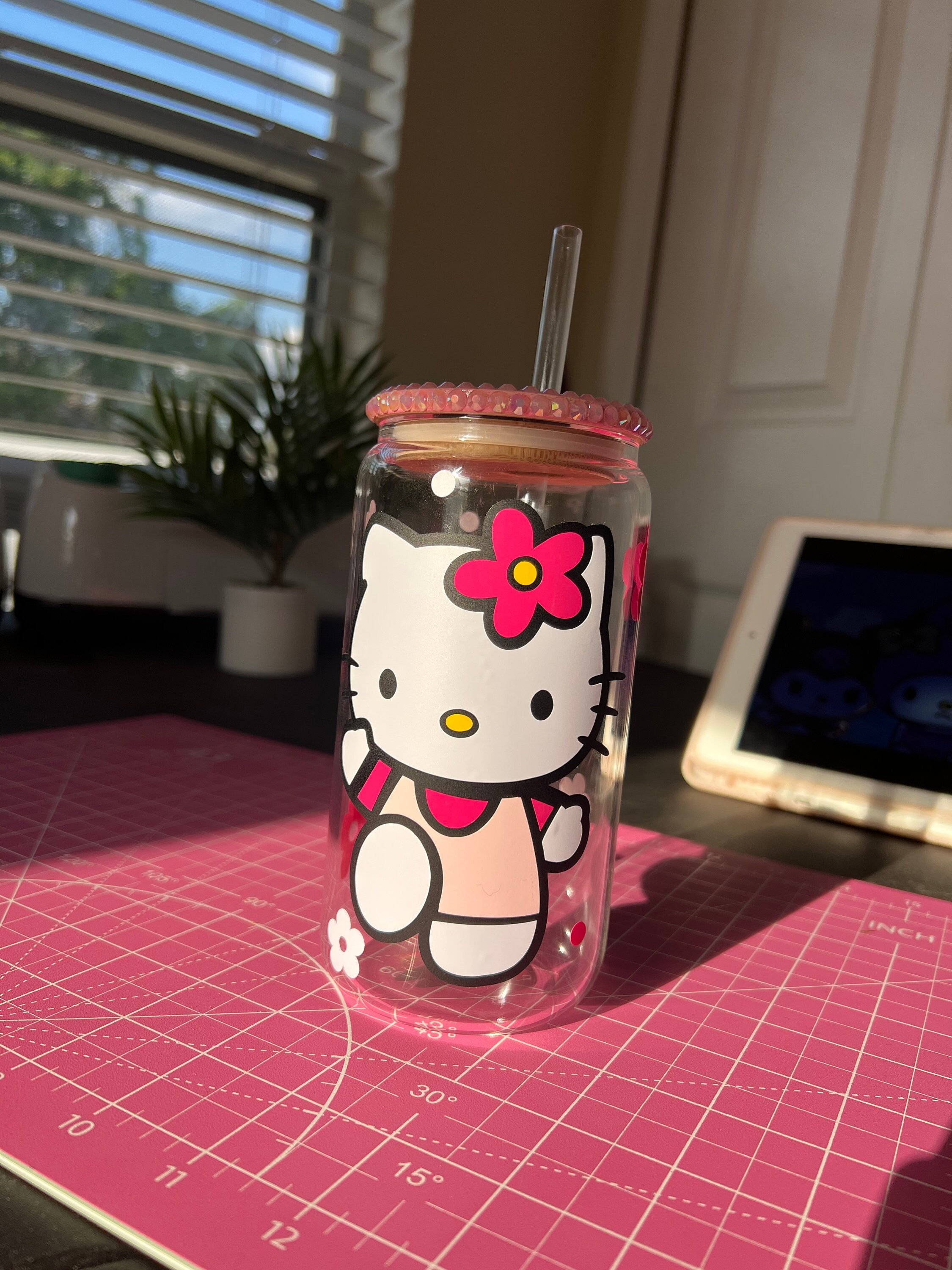 Cute HK Kawaii Kitty Flower Daisy Beer Can Glass Cup, Cute Pink Cups, Personalized Cups, Kawaii Aesthetic Cups, Cute Kitty Cups