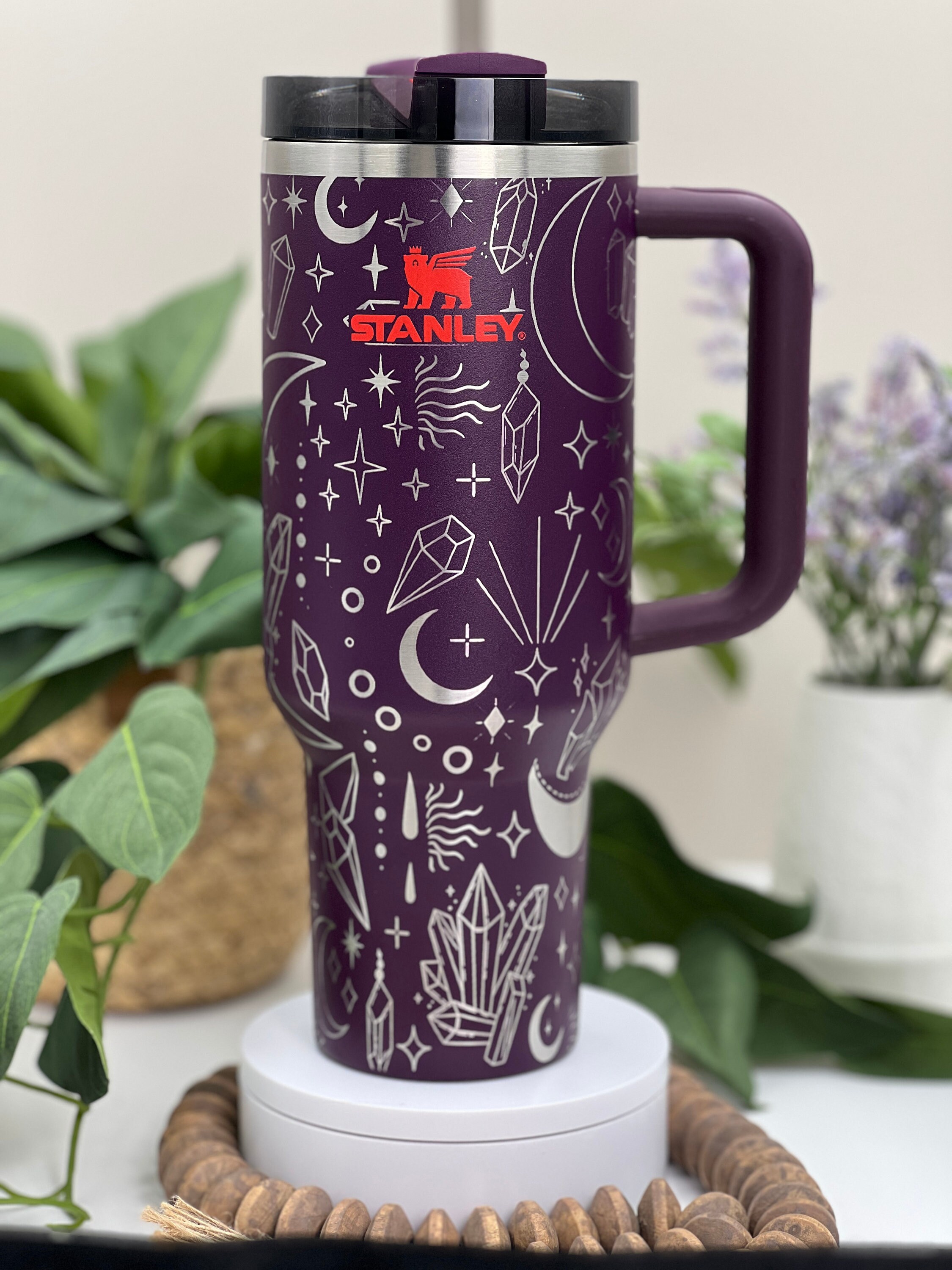 Boho Crystals & Moons Laser Engraved 40oz Tumbler with Handle Lid and Straw, Custom Engraved Seamless Tumbler, Double Wall Insulated Cup