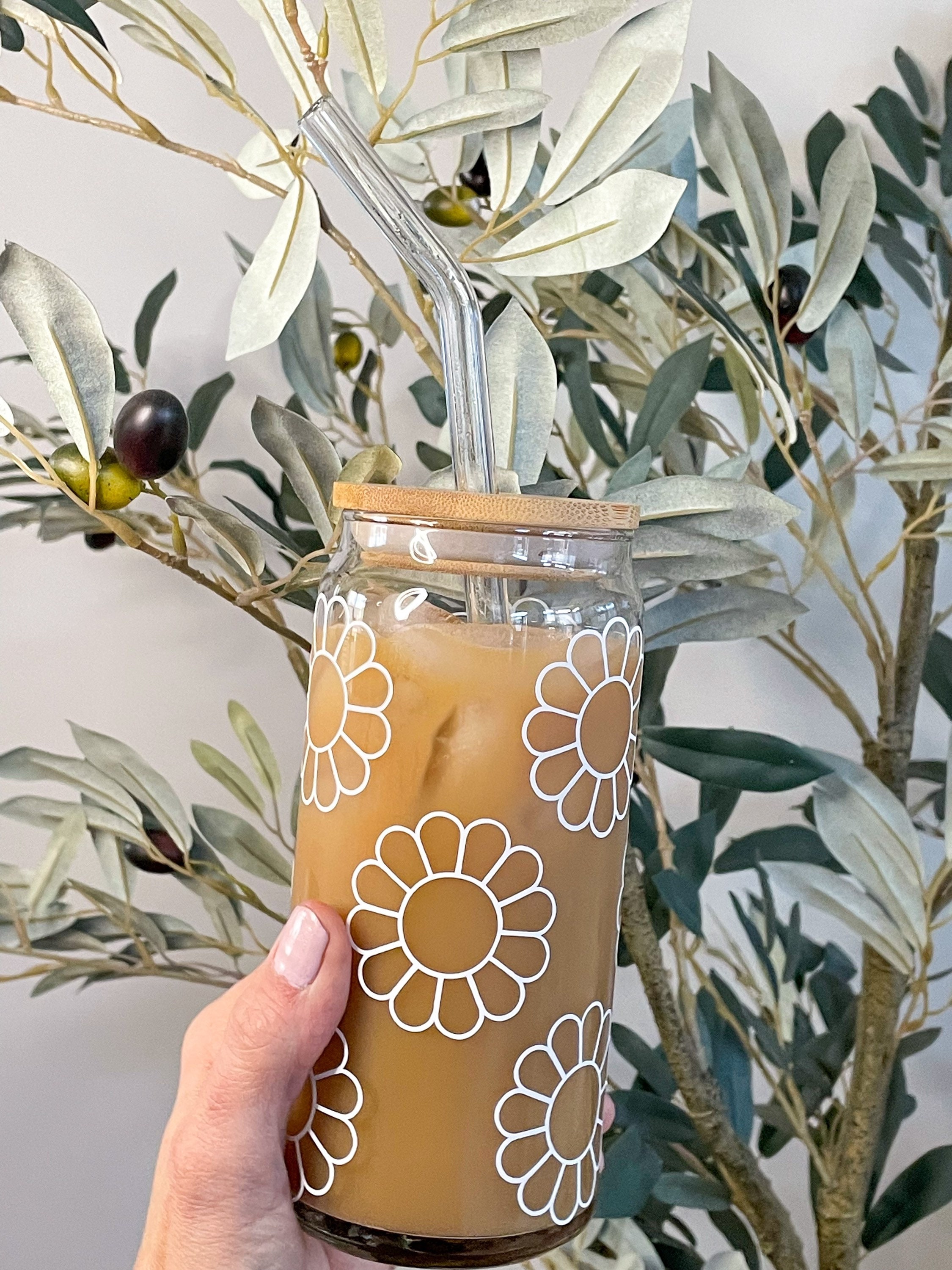 Beer Can Glass Cup- Sunflowers, Summer Coffee Glass, Iced Coffee Cup