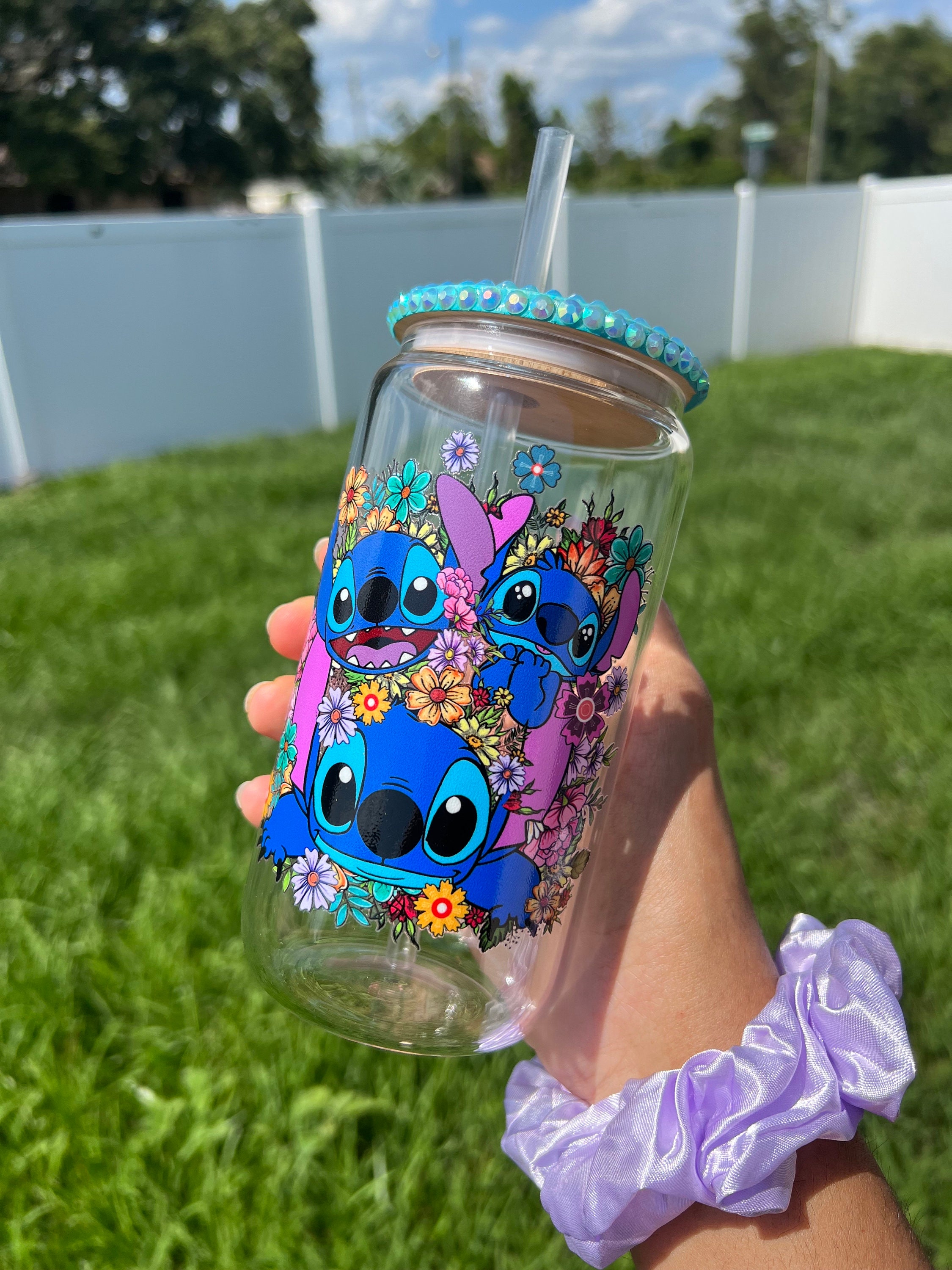 Floral Stitch 16 Oz Clear Beer Can Glass Cup, Disney inspired Cups, Lilo and Stitch Glass Cups, Iced Coffee Cups, Aesthetic Glass Cups