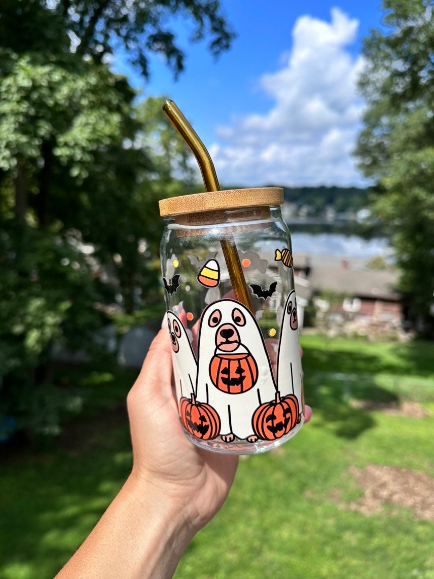 Halloween Pup Cup Can Glass, Halloween Iced Coffee Glass, Halloween Coffee Cup, Halloween Can Glass