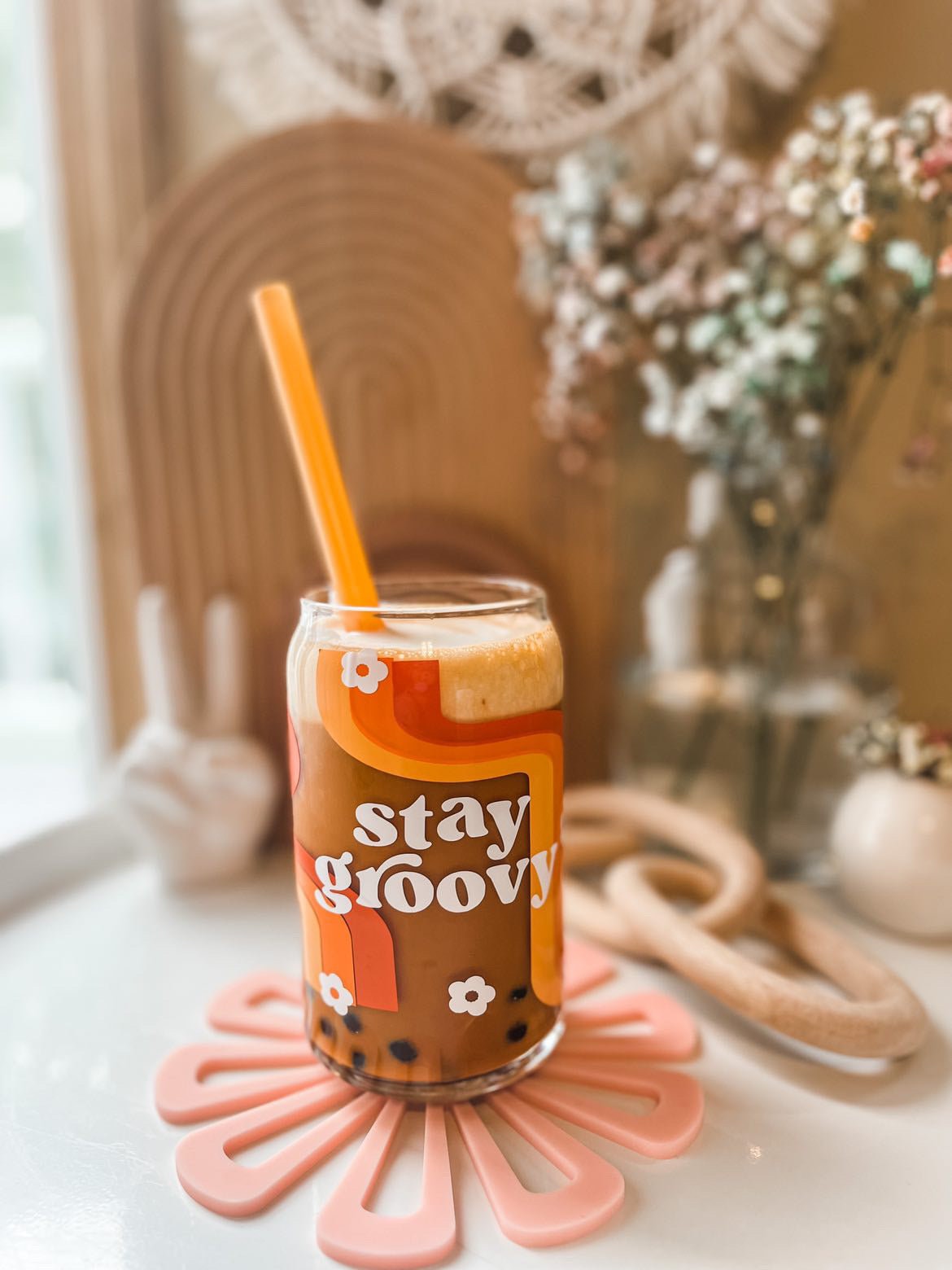 Stay Groovy Glass Cup, Retro Glass Cup, Retro Pattern Glass Cup, Groovy Pattern Glass Cup, Trendy Glass Cup, Milkmiksugar SVG