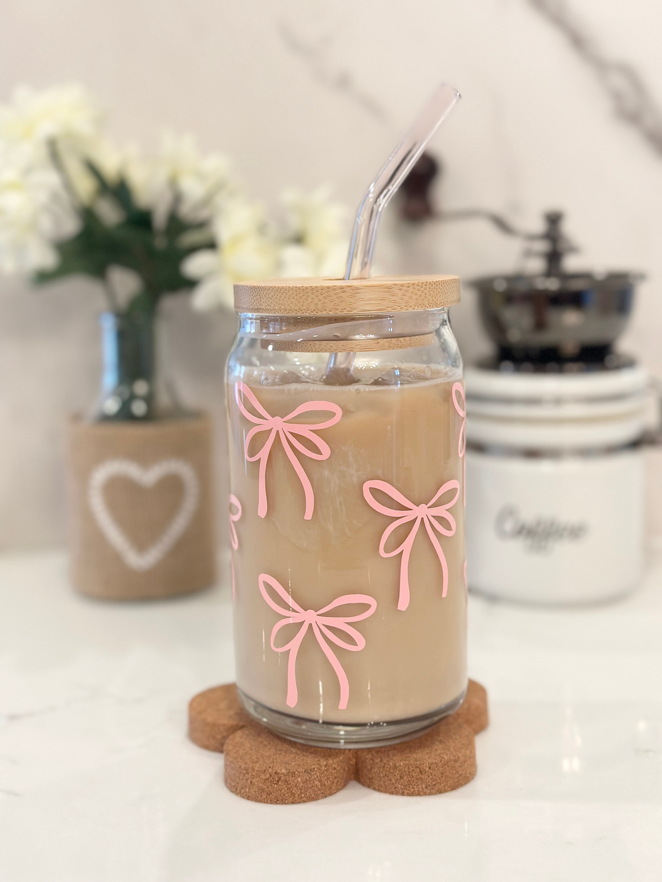 Pink Bows Glass Cup, Valentines day Gifts, Trendy Coquette Cup, Iced Coffee Glass, 16 oz Tumbler, Pink Aesthetic, Pink Bow Cup, Pink Straw