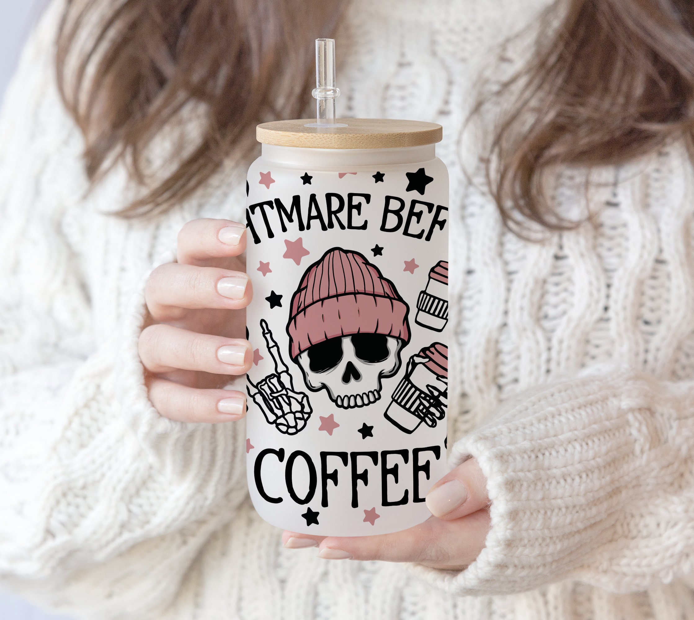 16 oz Libbey Glass Can Sublimation Nightmare before coffee | Funny Skeleton Drinking Coffee Halloween |  Funny Rocking | Mom life PNG file