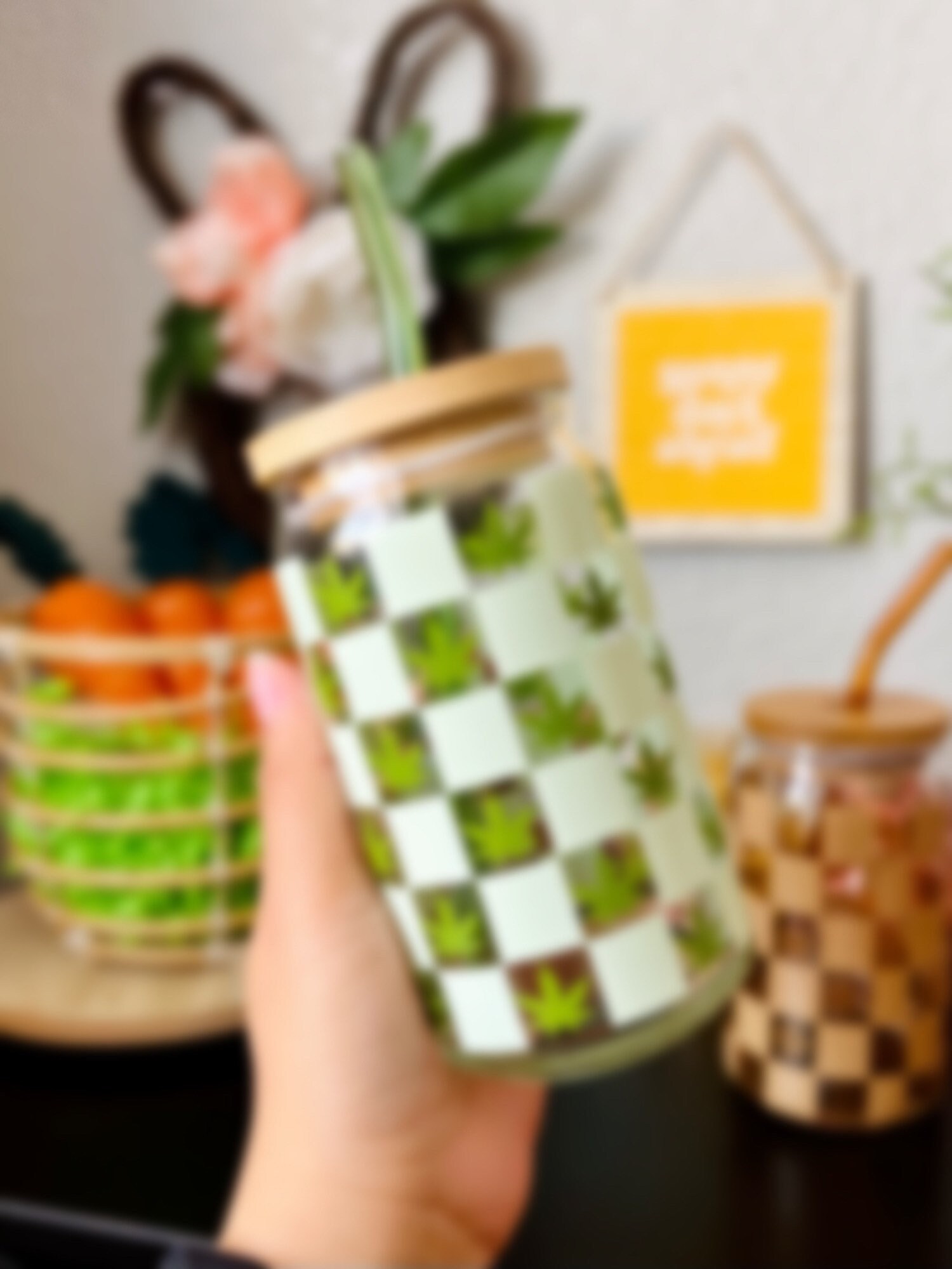 Checkered Weed 16 oz Beer Can Glass | Spring Cup | Self Love | Iced Coffee | Smoothie | Boho |Gift | Mom | Flowers | Groovy Retro Plant 420